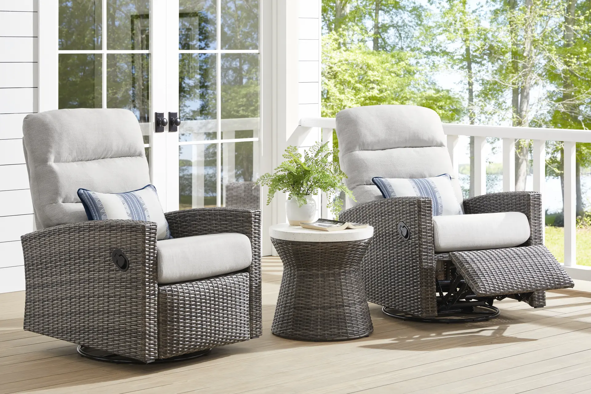 Ria Driftwood Outdoor Glider Recliner with Gray Cushions, Set of 2