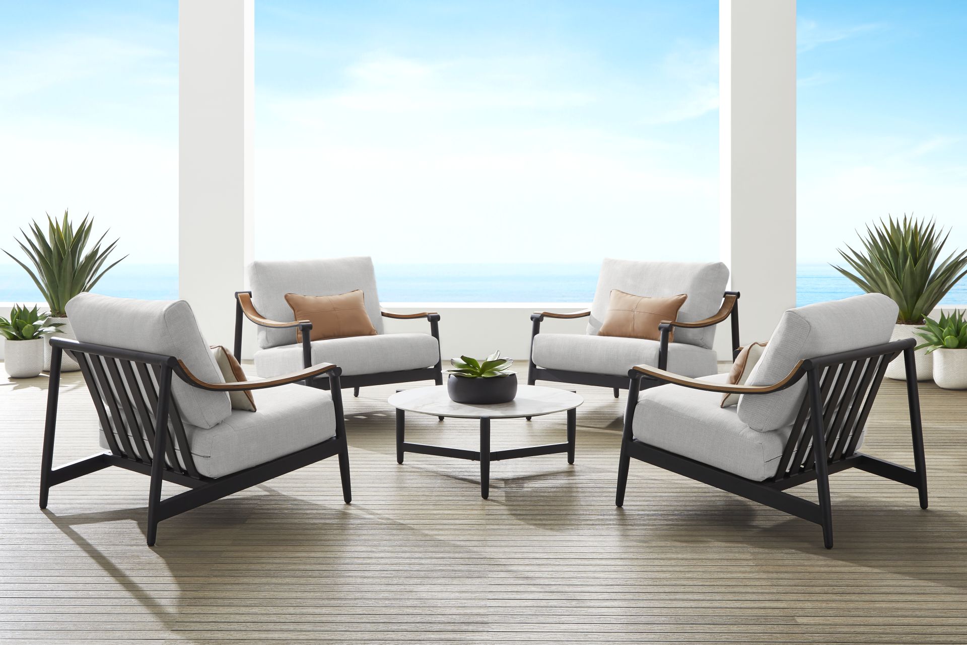 Harlowe Black 5 Pc Outdoor Chat Set with Dove Cushions - Image 1