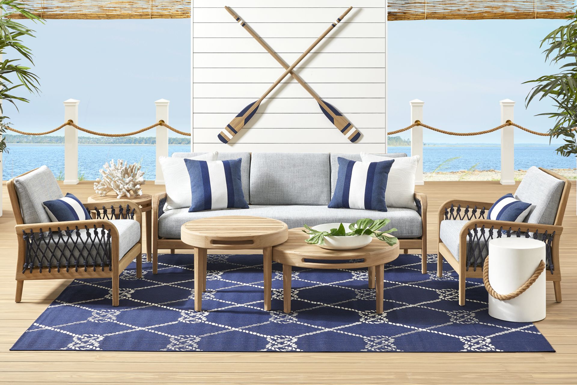 Riva Blonde 5 Pc Outdoor Seating Set with Slate Cushions - Image 1