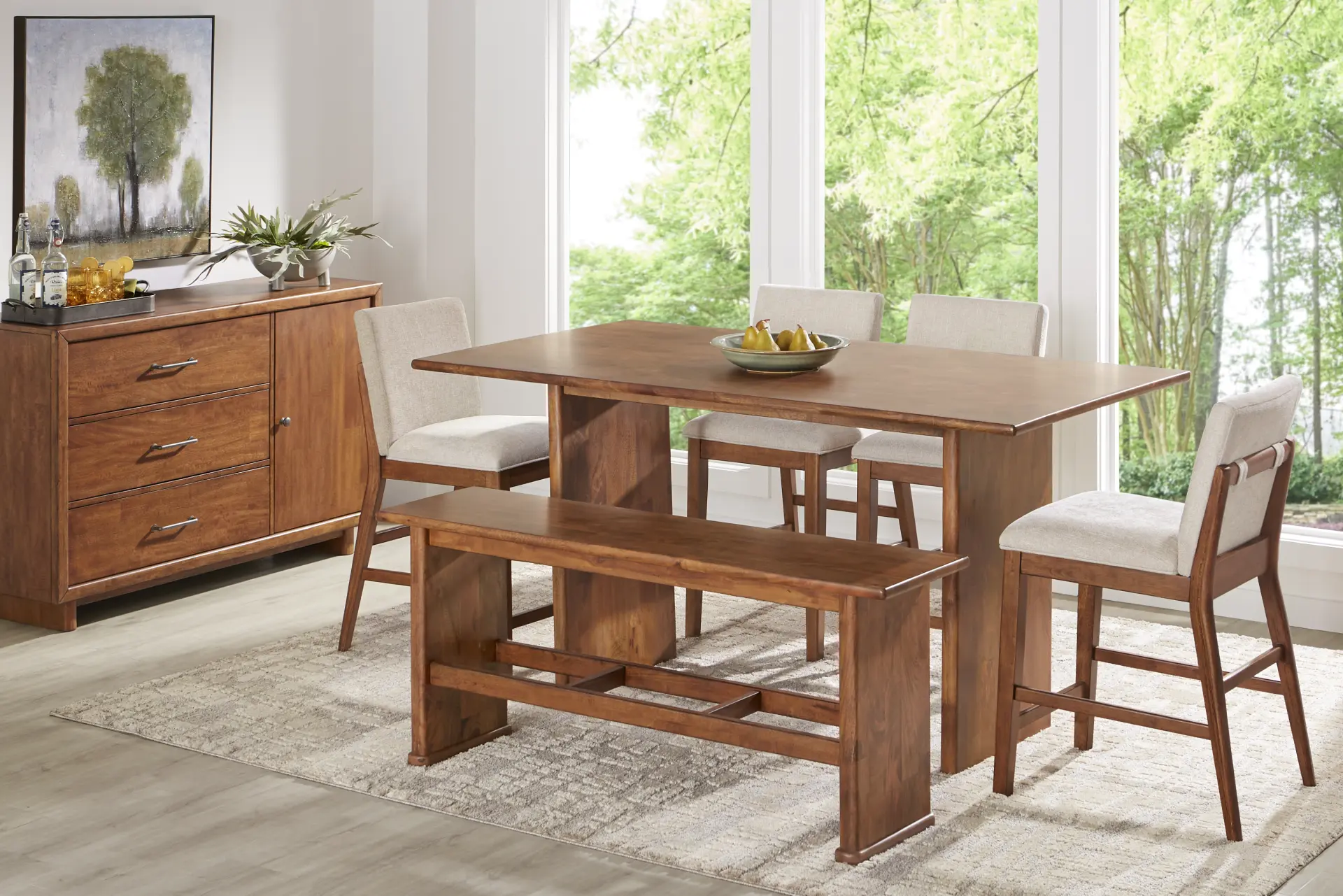 Surrey Ellis Brown 6 Pc Counter Height Dining Room with Upholstered Chairs and Bench