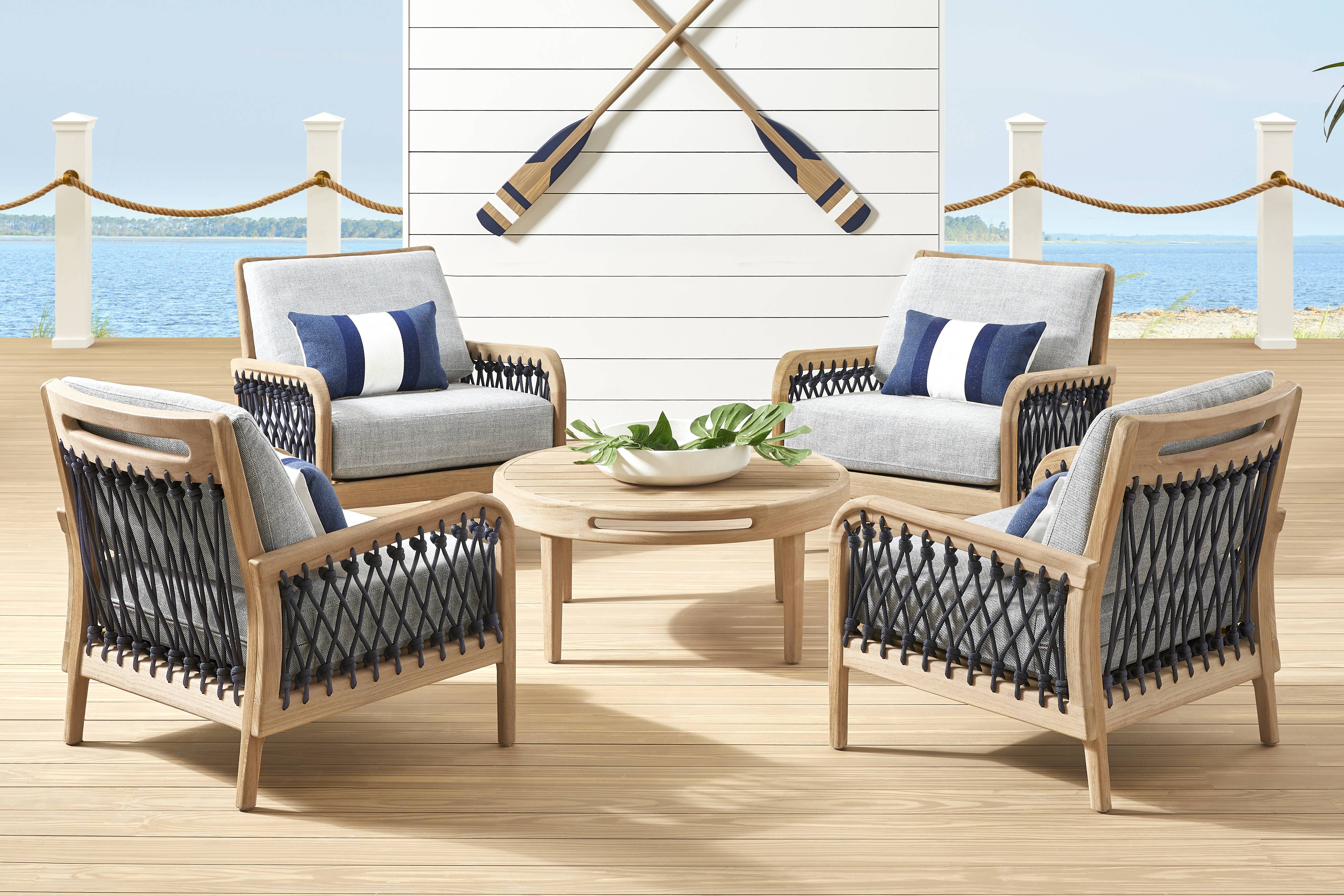 Riva Blonde 5 Pc Outdoor Chat Set with Slate Cushions - Thumbnail - Image 1
