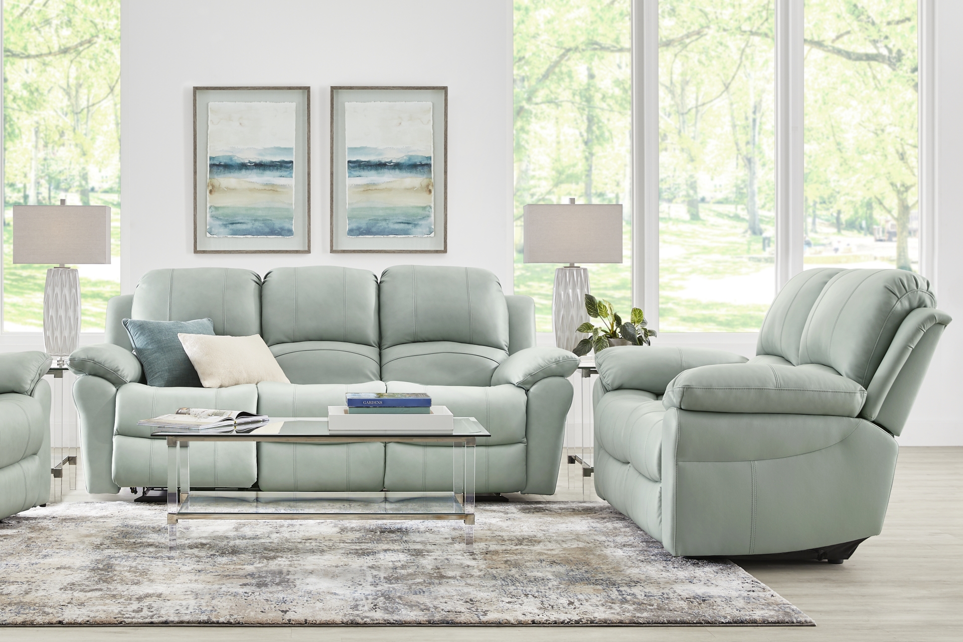 Vercelli Way Aqua Leather 5 Pc Living Room with Reclining Sofa full room