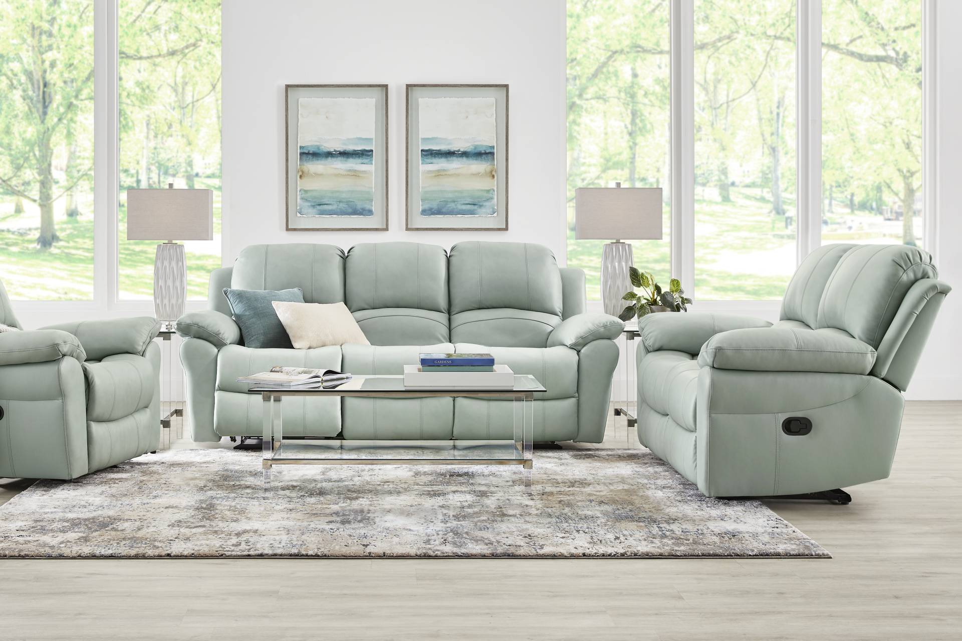 Vercelli Way Aqua Leather 3 Pc Reclining Living Room full room