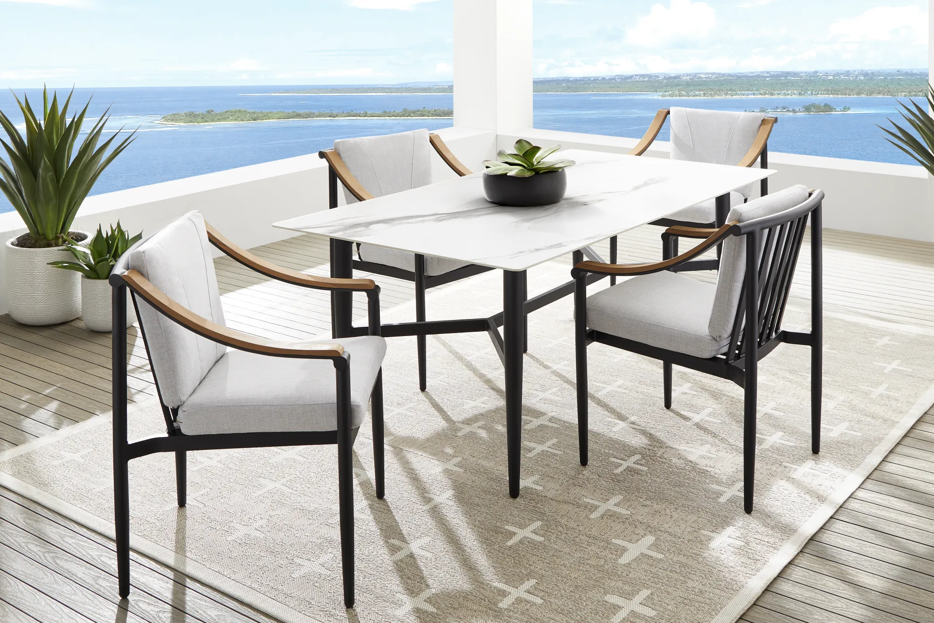 Harlowe Black 5 Pc Outdoor Rectangle Dining Set with Dove Cushions - Image 1