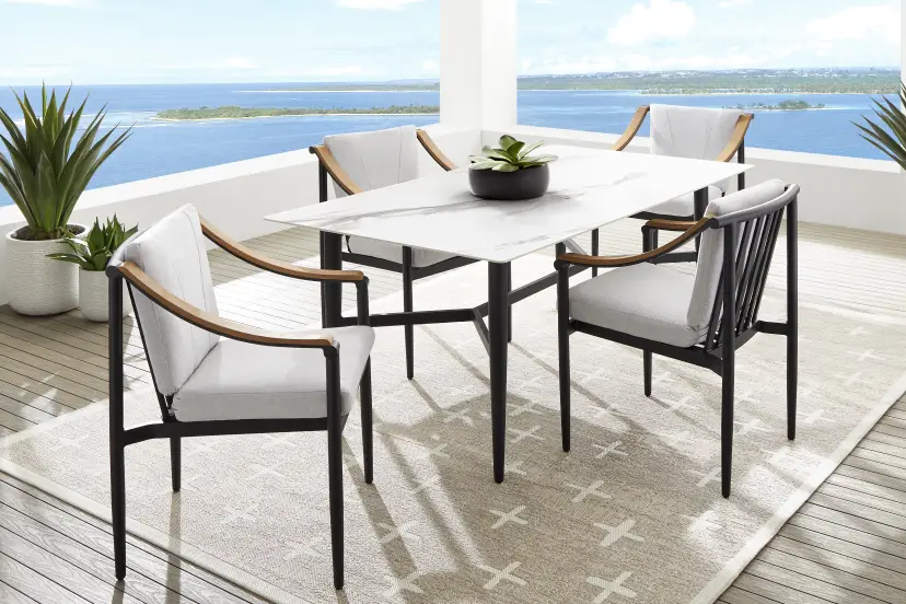 Harlowe Black 5 Pc Outdoor Rectangle Dining Set with Dove Cushions