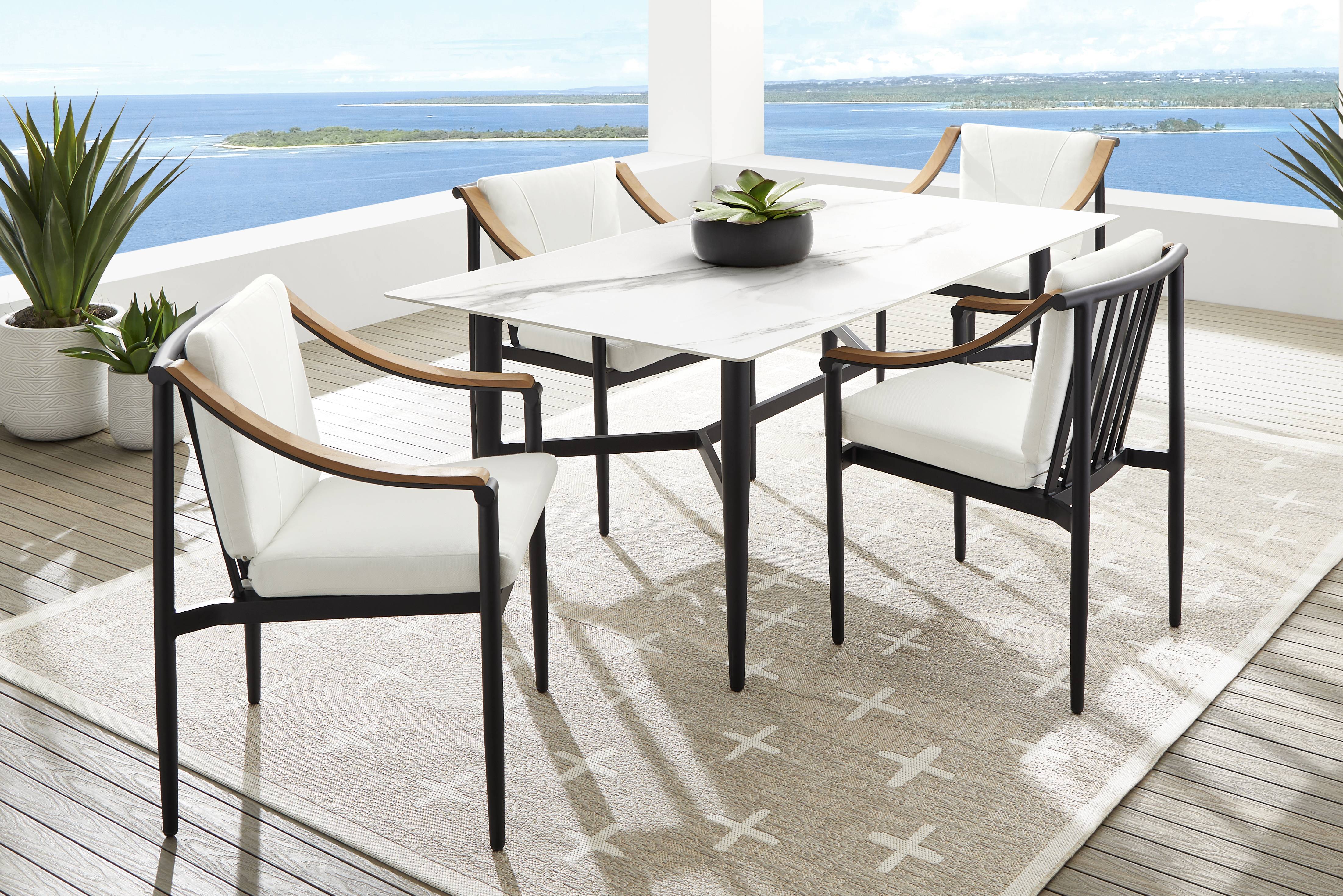 Harlowe Black 5 Pc Outdoor Rectangle Dining Set with White Cushions - Thumbnail - Image 1
