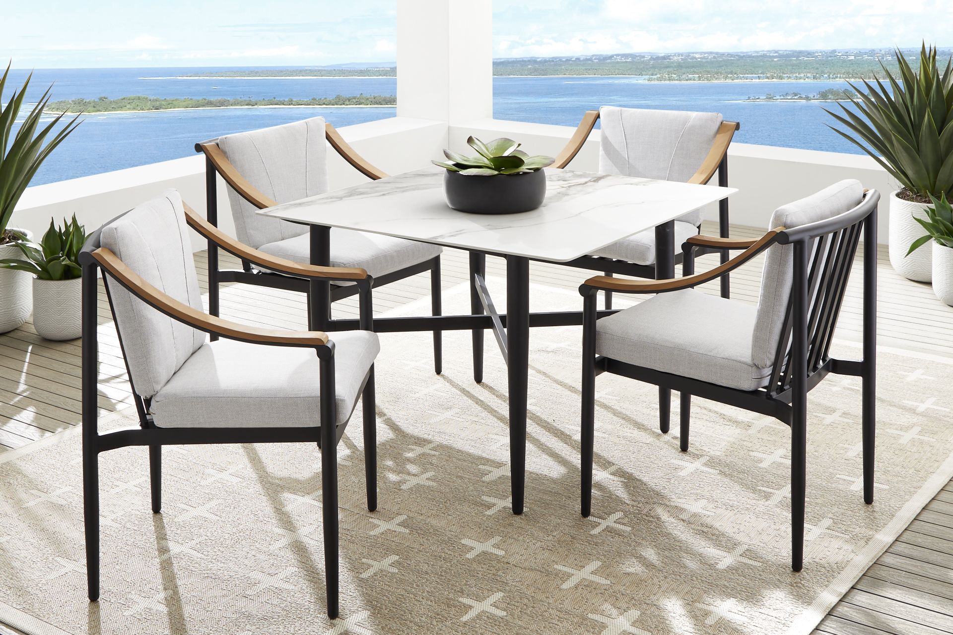 Harlowe Black 5 Pc Outdoor Square Dining Set with Dove Cushions - Image 1