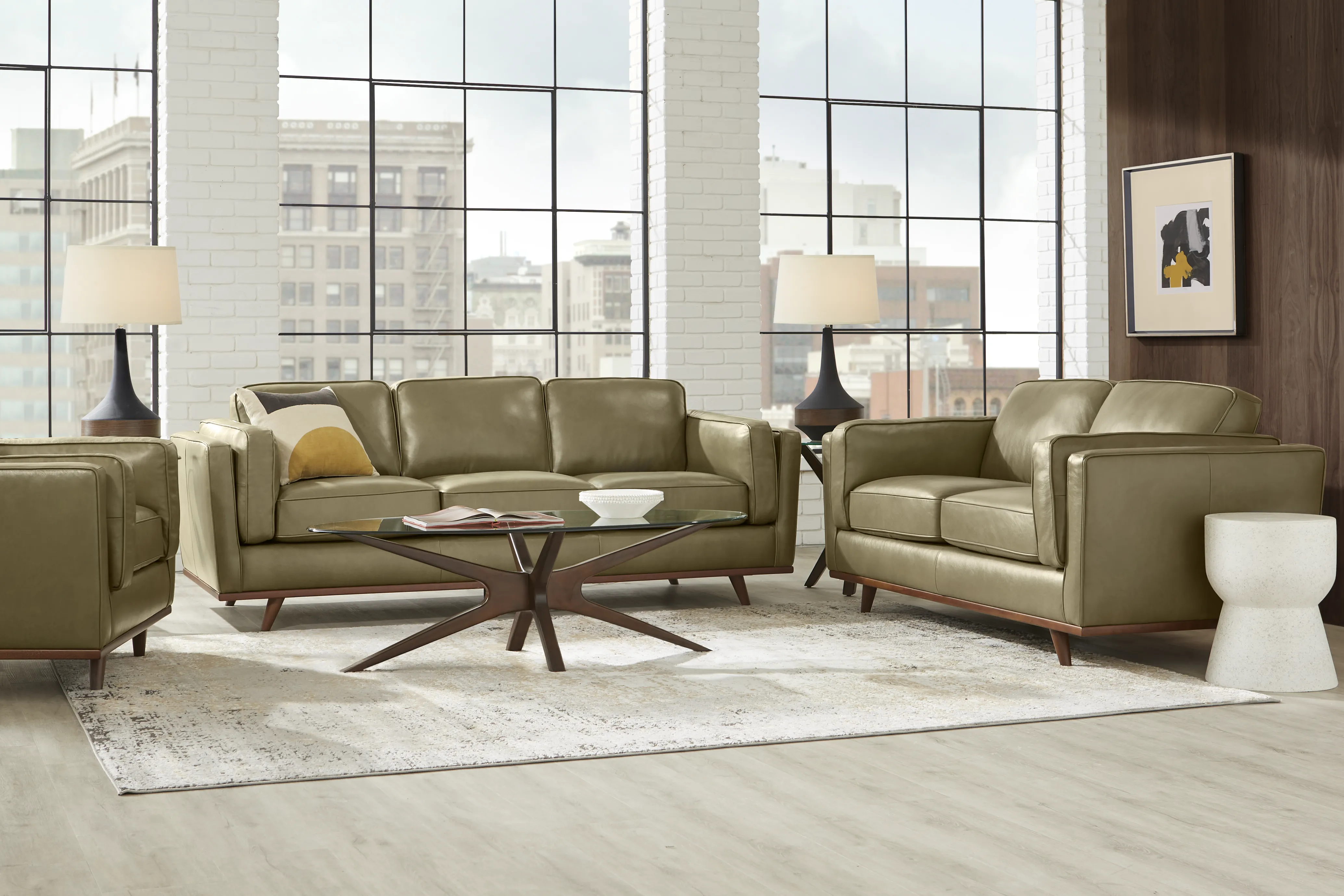 Duluth 7 Pc Olive Green Leather Premium Sleeper Living Room Set