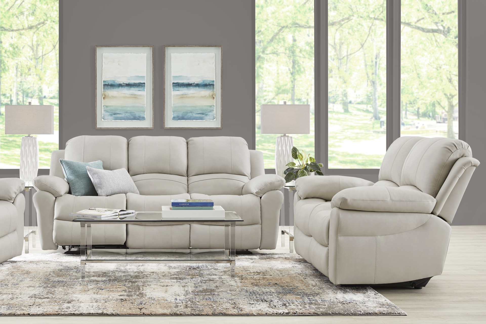 Vercelli Way Stone Leather 5 Pc Living Room with Reclining Sofa full room