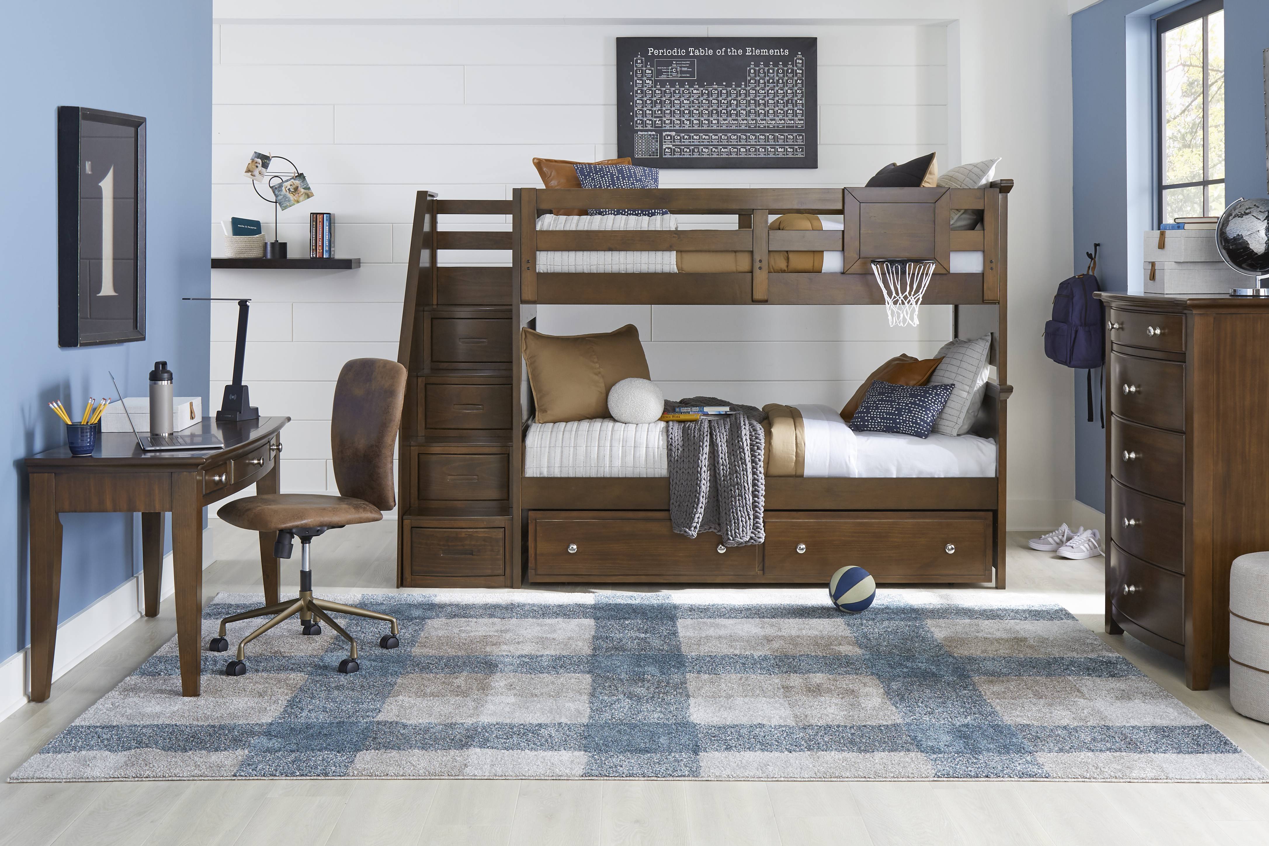 Kids Santa Cruz Brown Cherry Twin/Twin Step Bunk Bed with Basketball Hoop - Thumbnail - Image 2