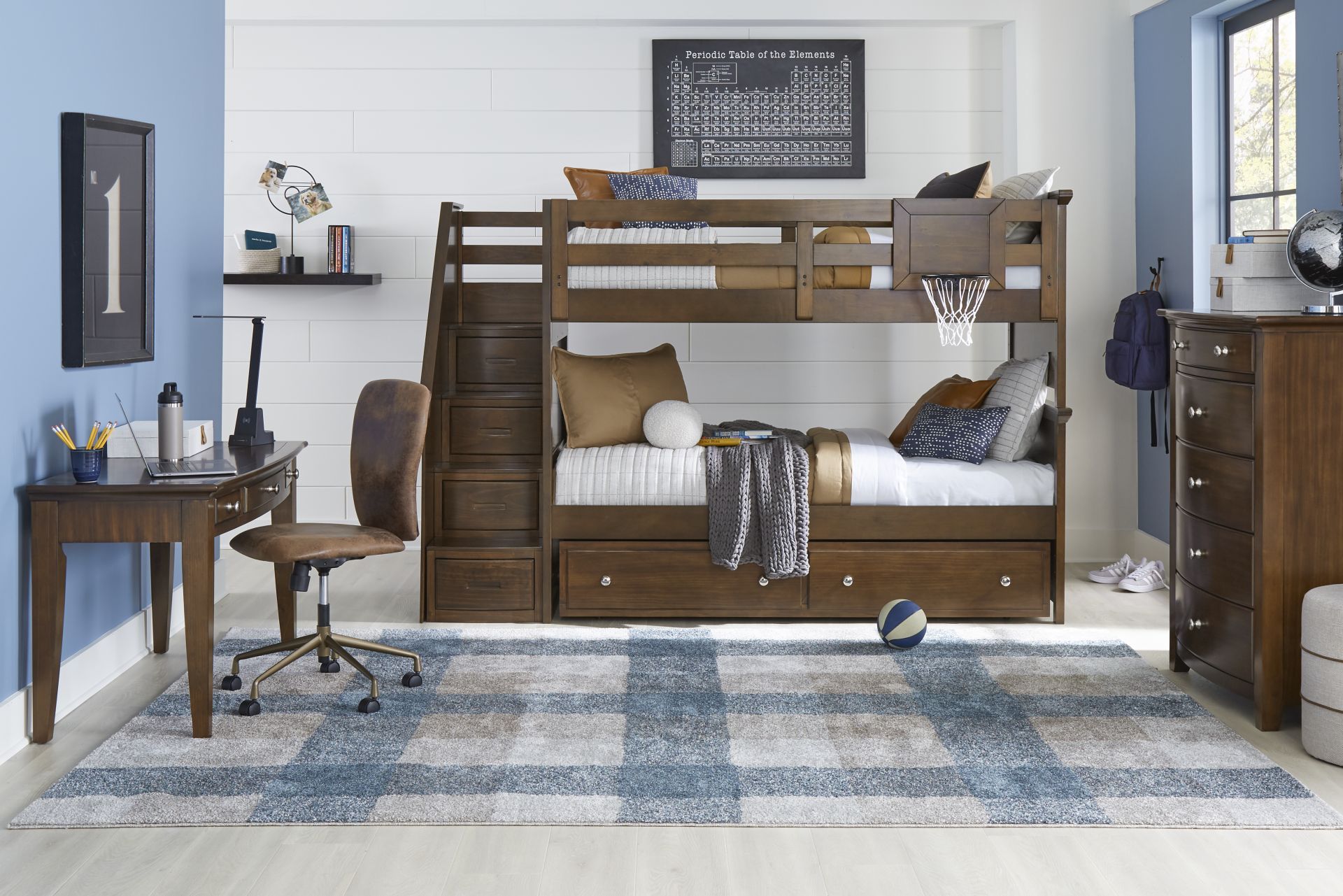 Kids Santa Cruz Brown Cherry Twin/Twin Step Bunk Bed with Basketball Hoop - Image 2