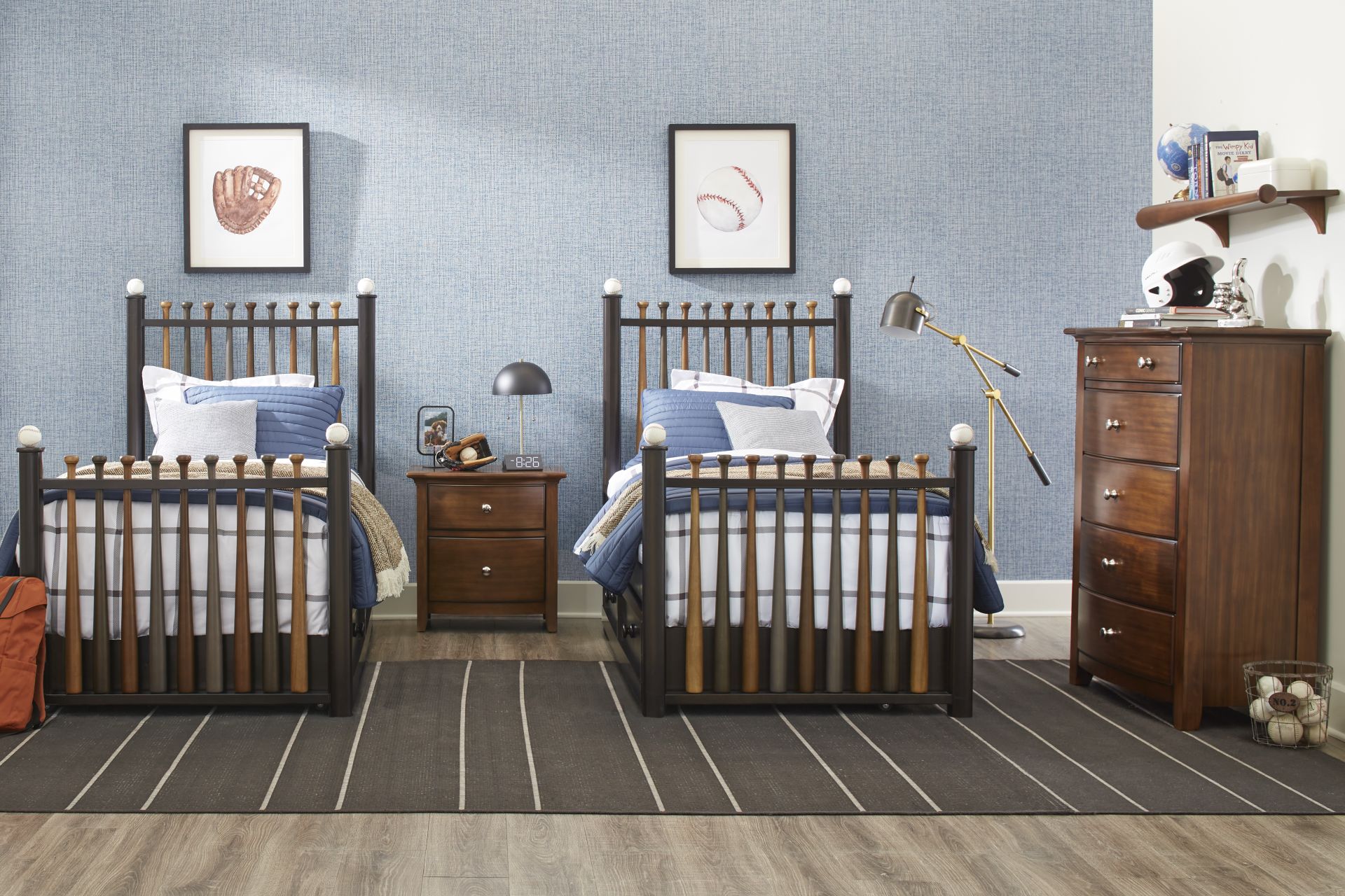 Kids Santa Cruz Brown Cherry Bedroom with 2 Batter Up Stained Twin Baseball Bat Beds - Image 1
