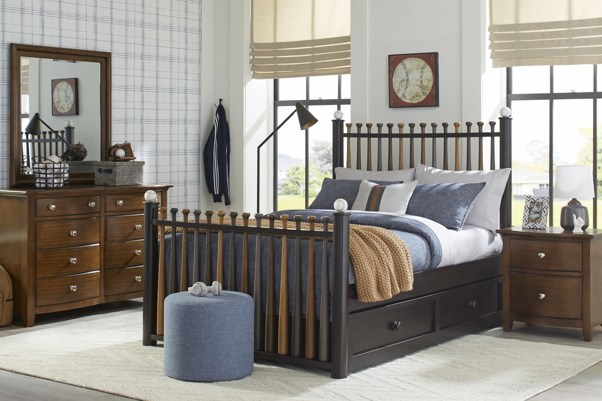 Kids Santa Cruz Brown Cherry Bedroom with Batter Up Stained Twin Baseball Bat Bed - Image 1