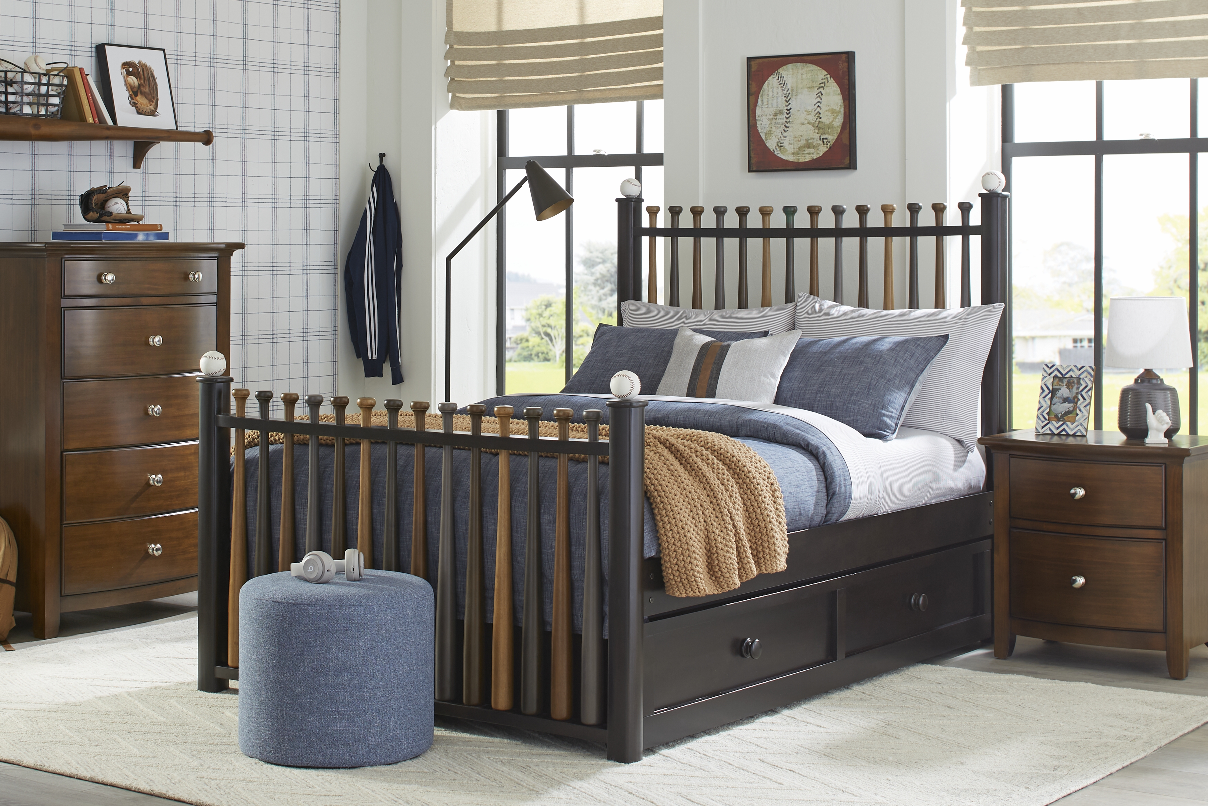 Kids Santa Cruz Brown Cherry Bedroom with Batter Up Stained Full Baseball Bat Bed - Thumbnail - Image 2