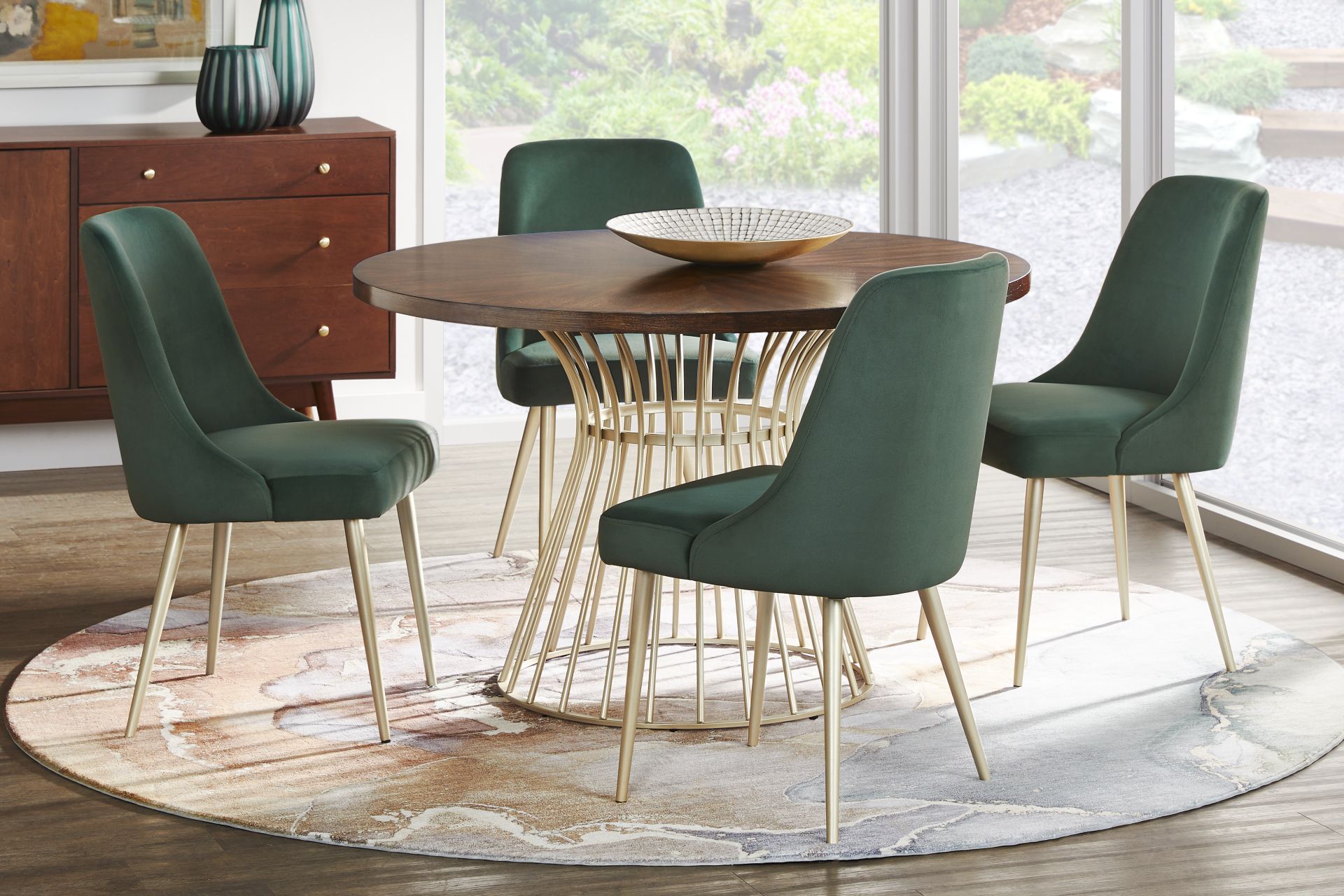Calisi Brown 5 Pc Round Dining Room with Green Chairs - Image 1
