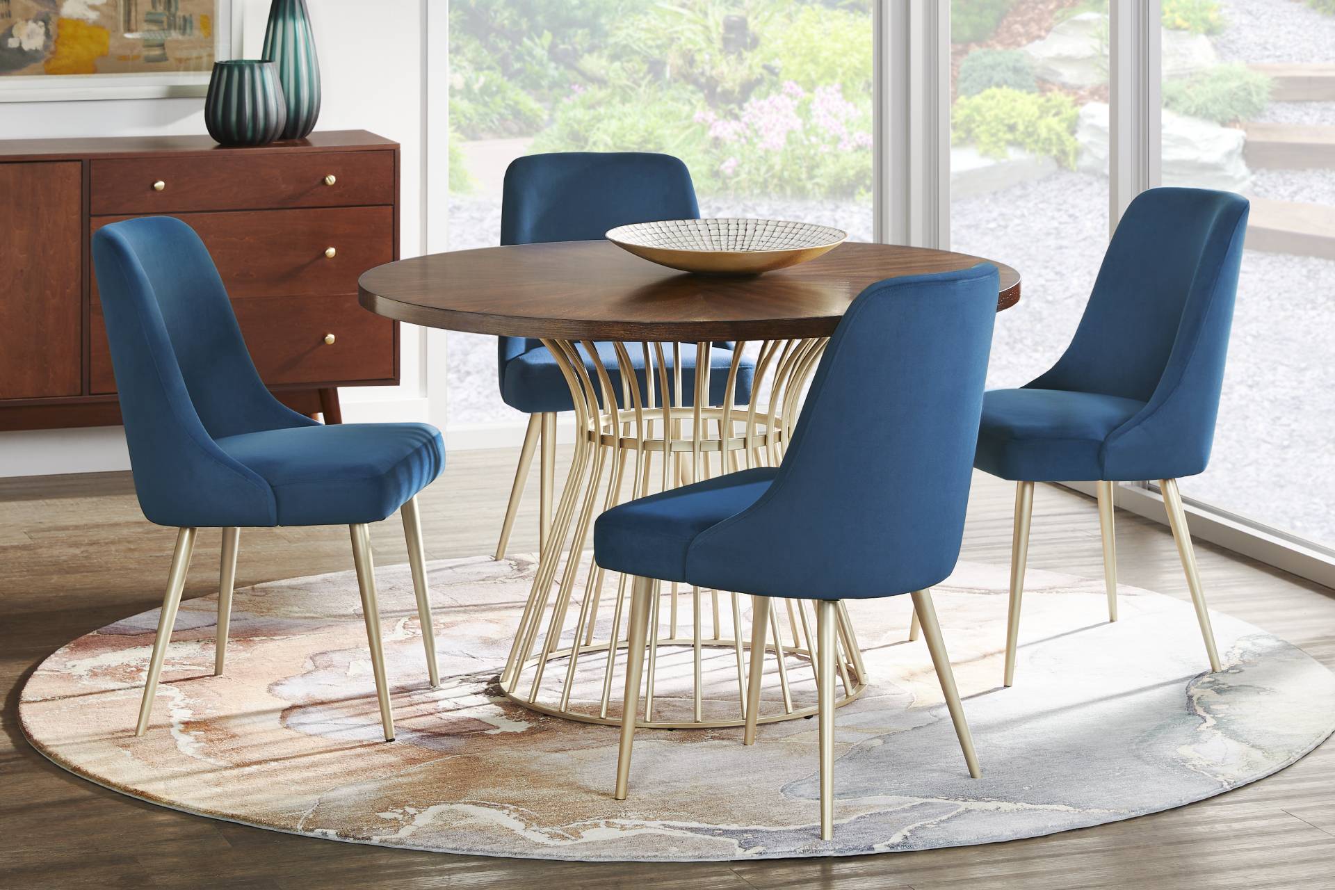 Calisi Brown 5 Pc Round Dining Room with Blue Chairs full room