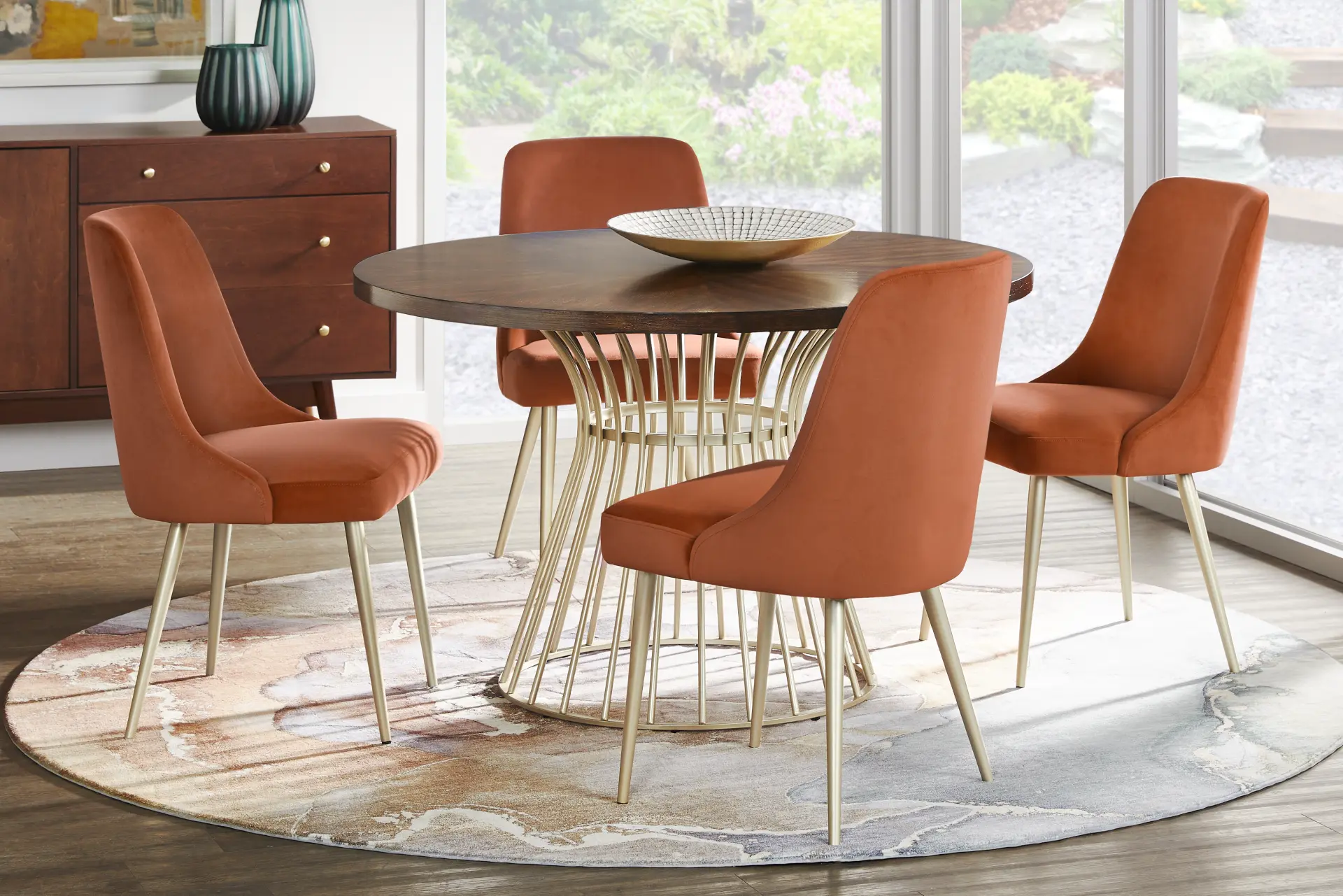 Calisi Brown 5 Pc Round Dining Room with Orange Chairs