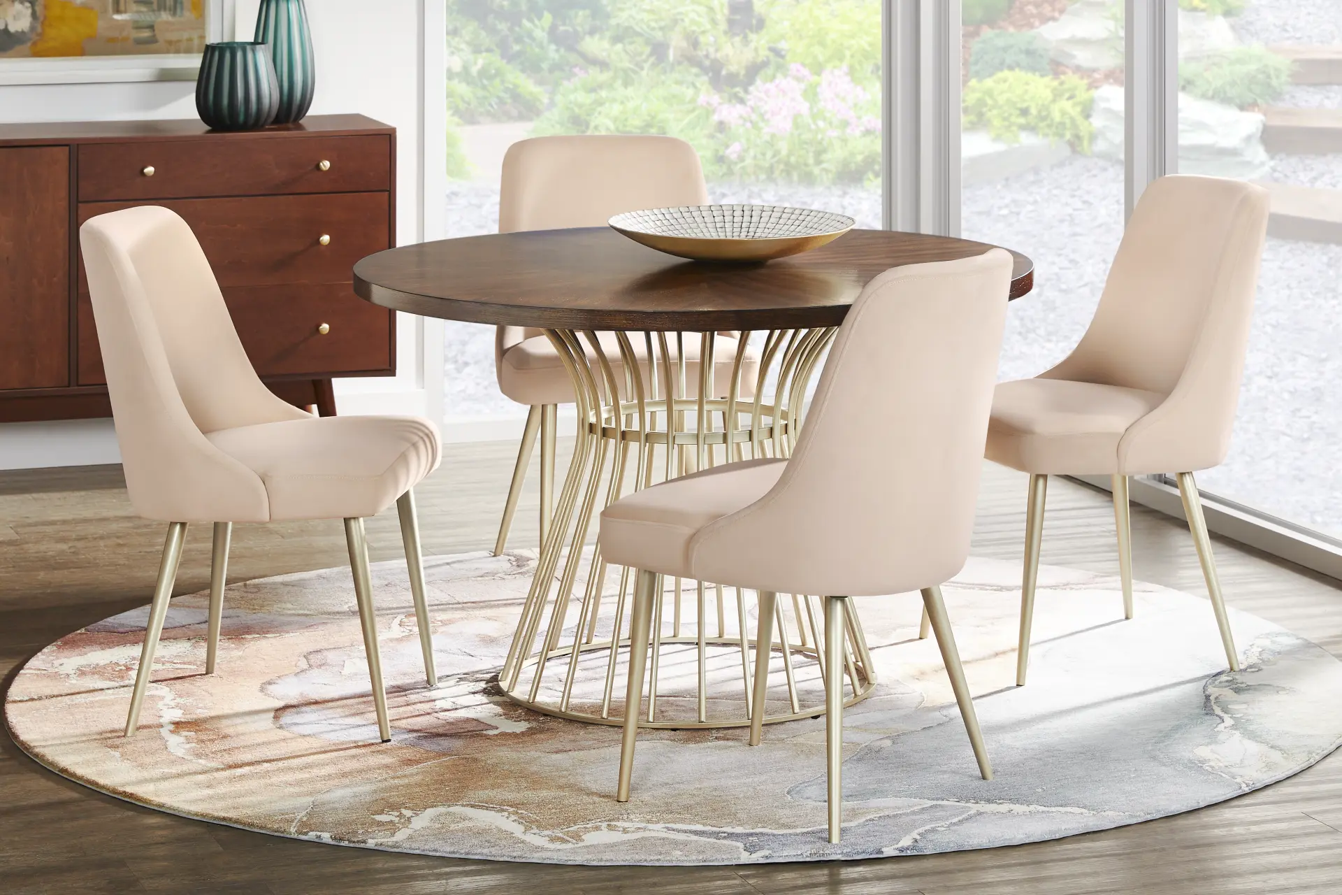 Calisi Brown 5 Pc Round Dining Room with Beige Chairs