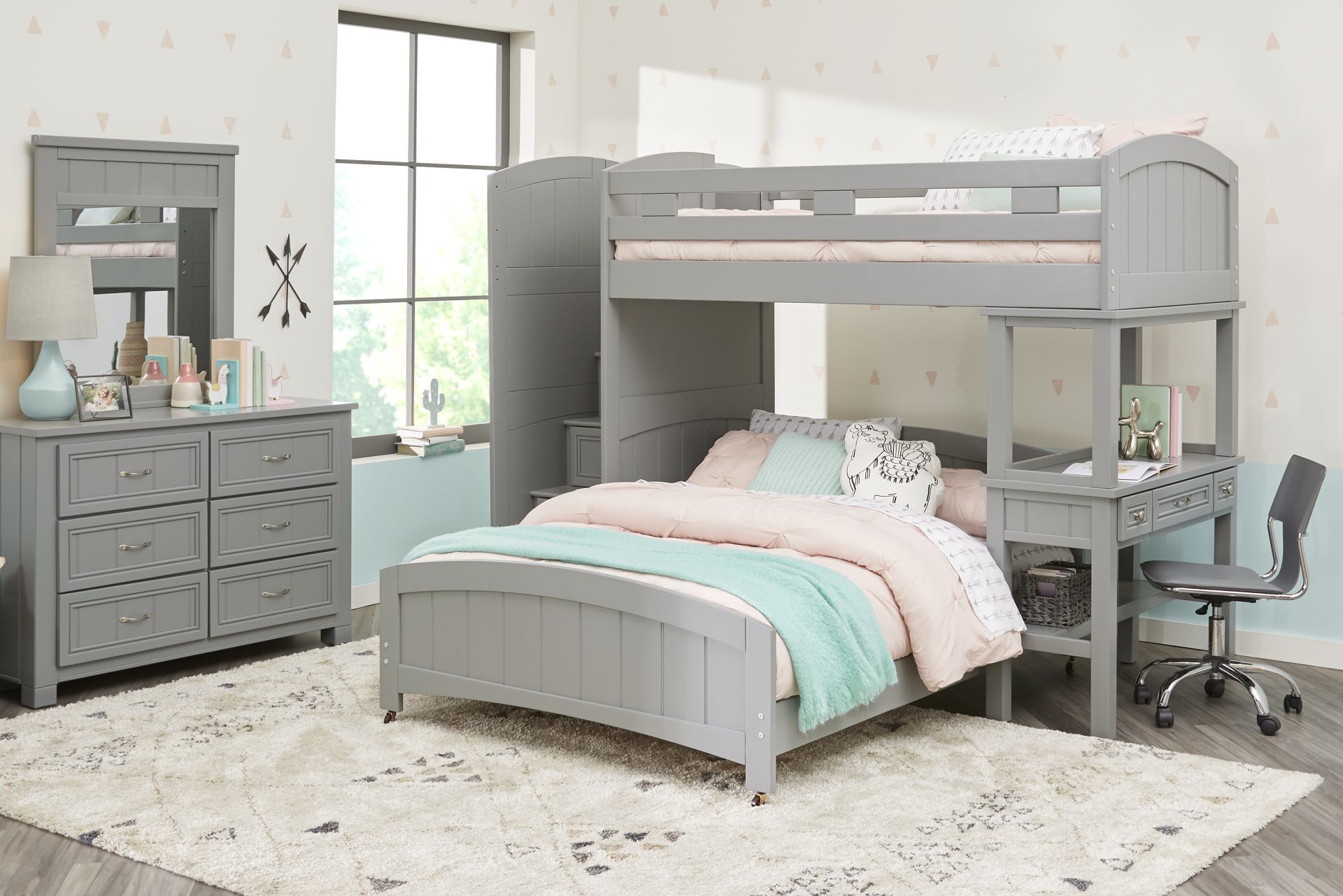 Kids Cottage Colors Gray Twin/Full Step Bunk Bed with Desk - Image 2