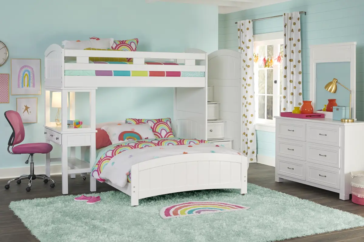 Kids Cottage Colors White Twin/Full Step Loft Bed with Desk