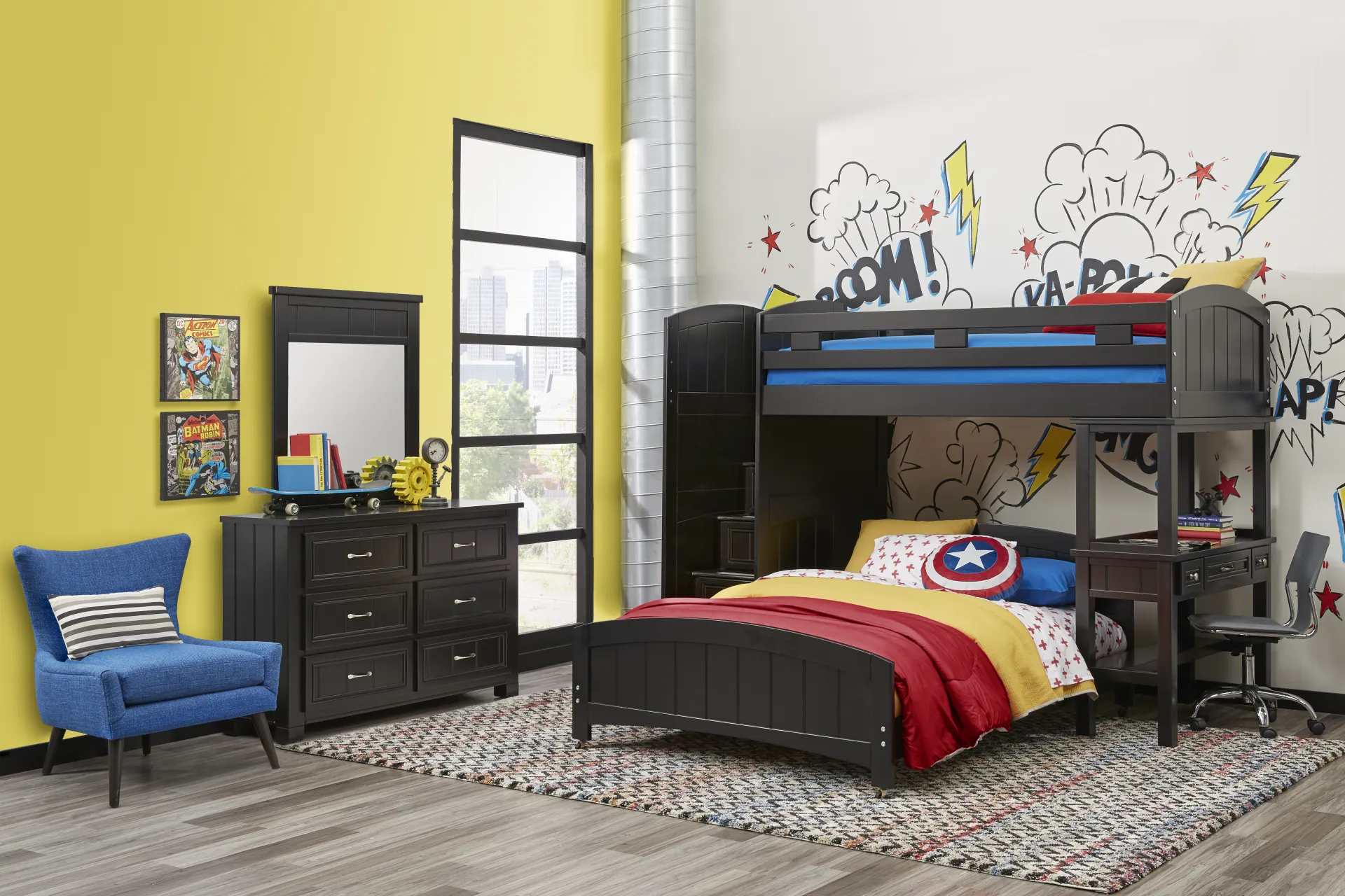 Kids Cottage Colors Black Twin/Full Step Loft Bed with Desk - Image 1