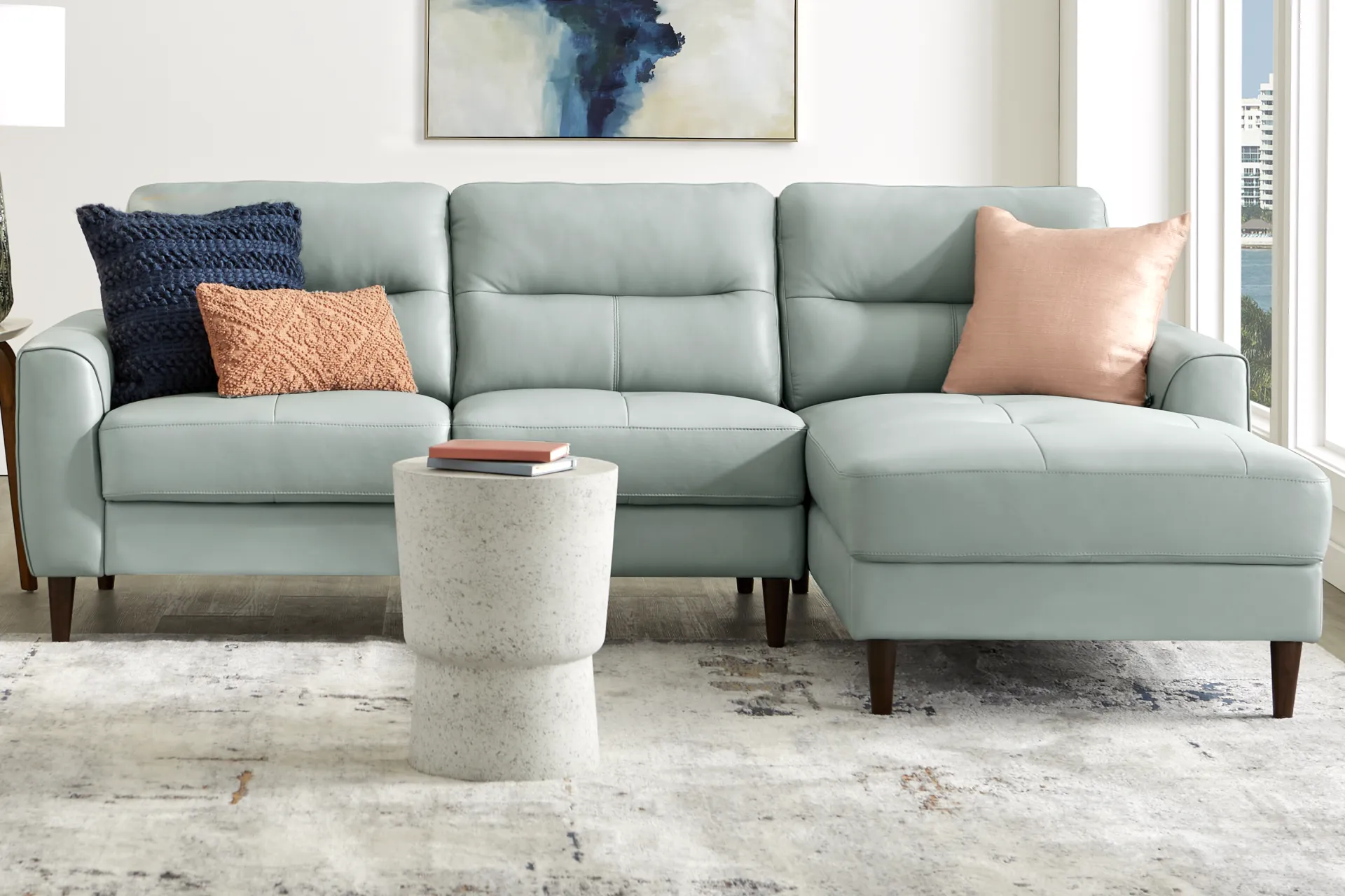 Sutton Heights Aqua Leather 2 Pc Sectional - Image 1