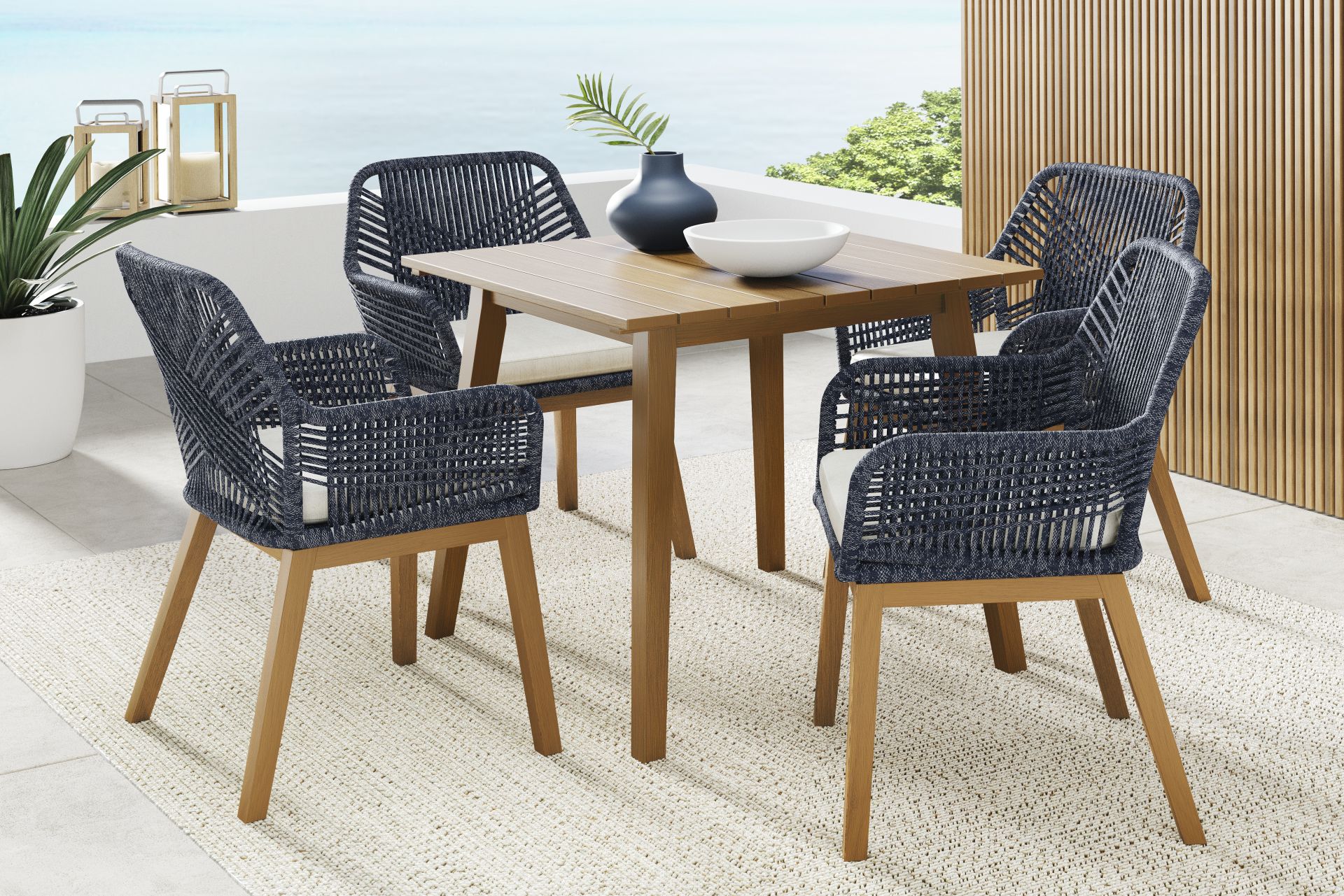 Tessere Natural 5 Pc Square Outdoor Dining Set with Blue Arm Chairs - Image 1