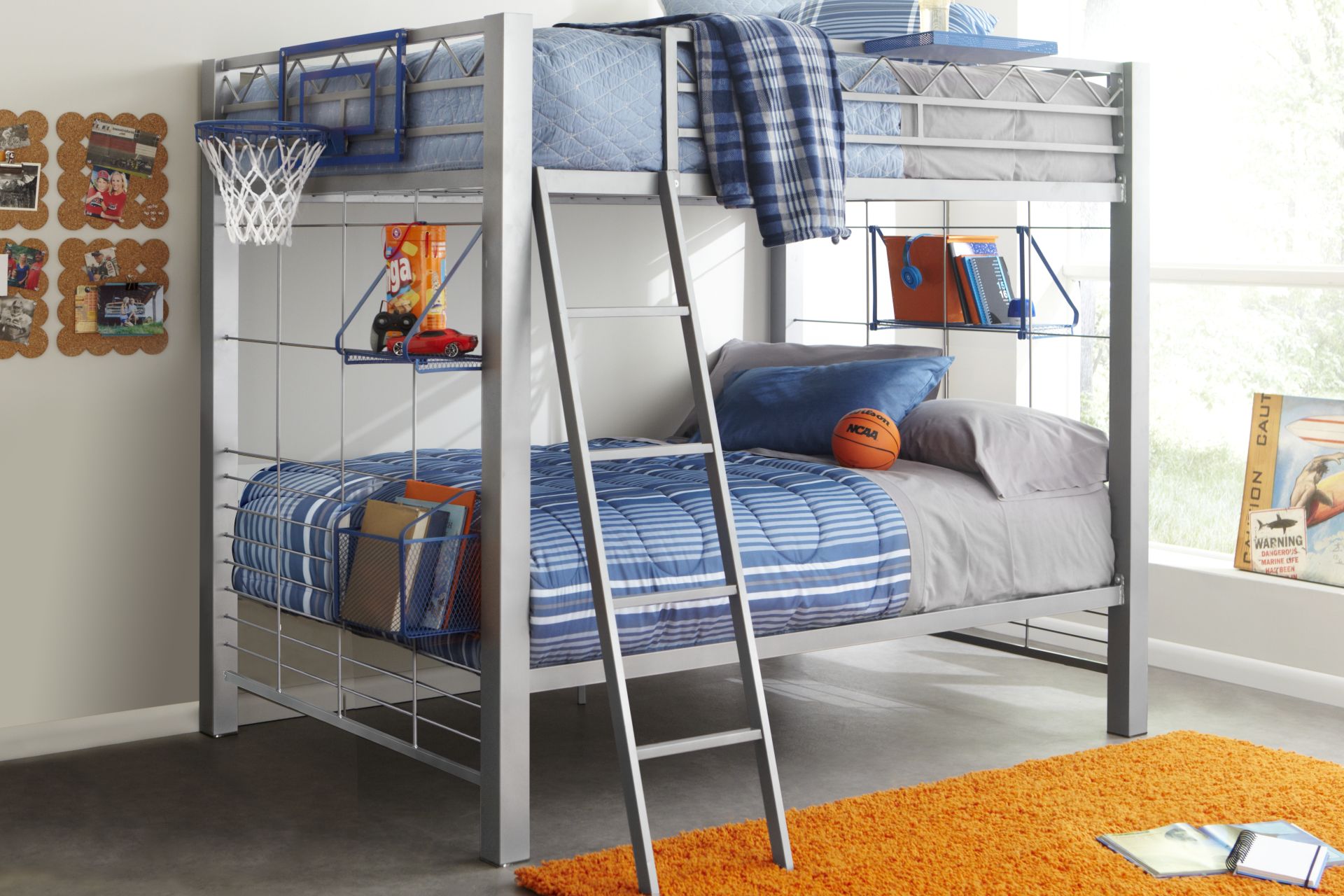 Build-a-Bunk Gray Twin/Twin Bunk Bed with Blue Accessories and Basketball Hoop - Image 2