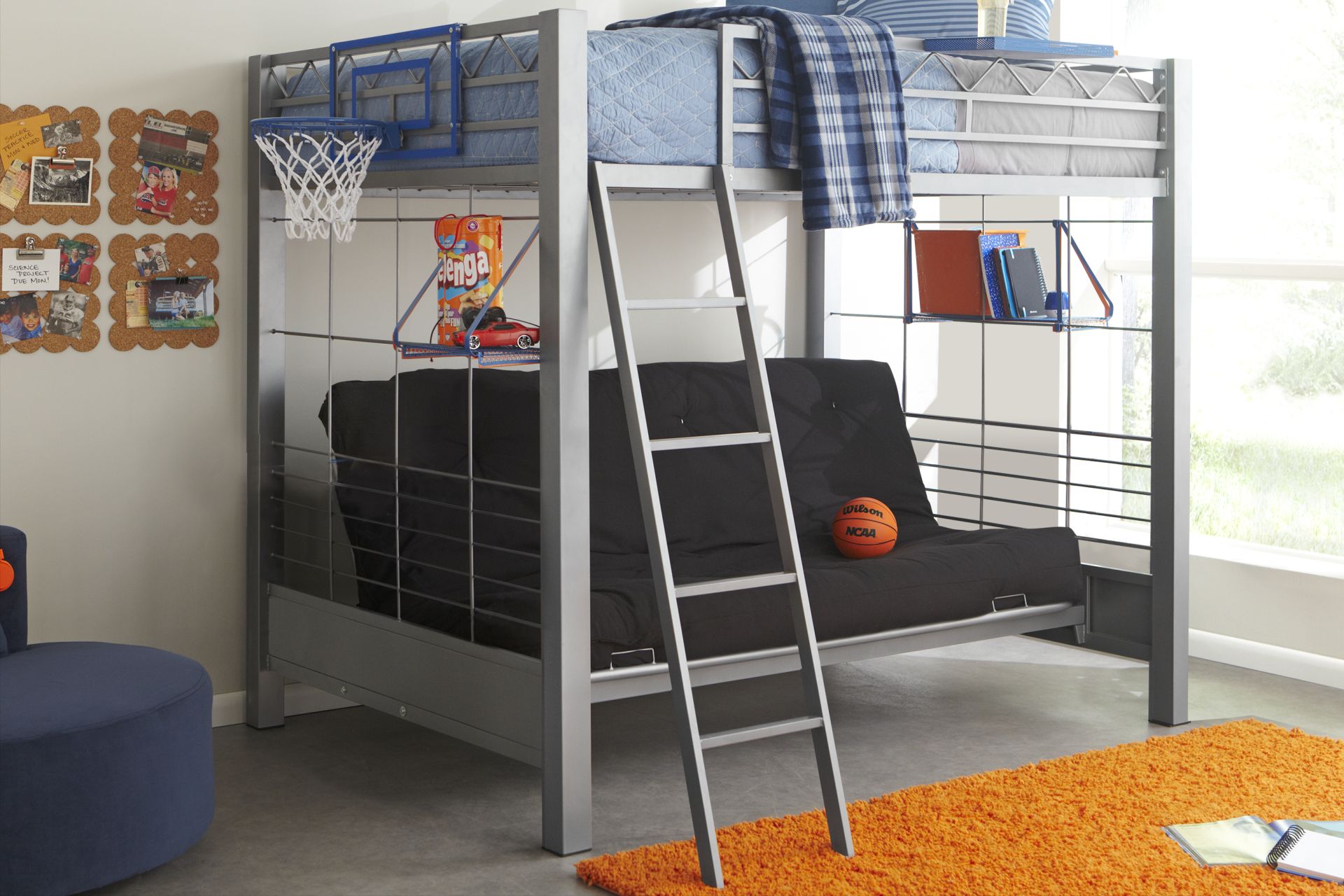 Build-a-Bunk Gray Full/Futon Loft Bed with Blue Accessories and Basketball Hoop - Image 2