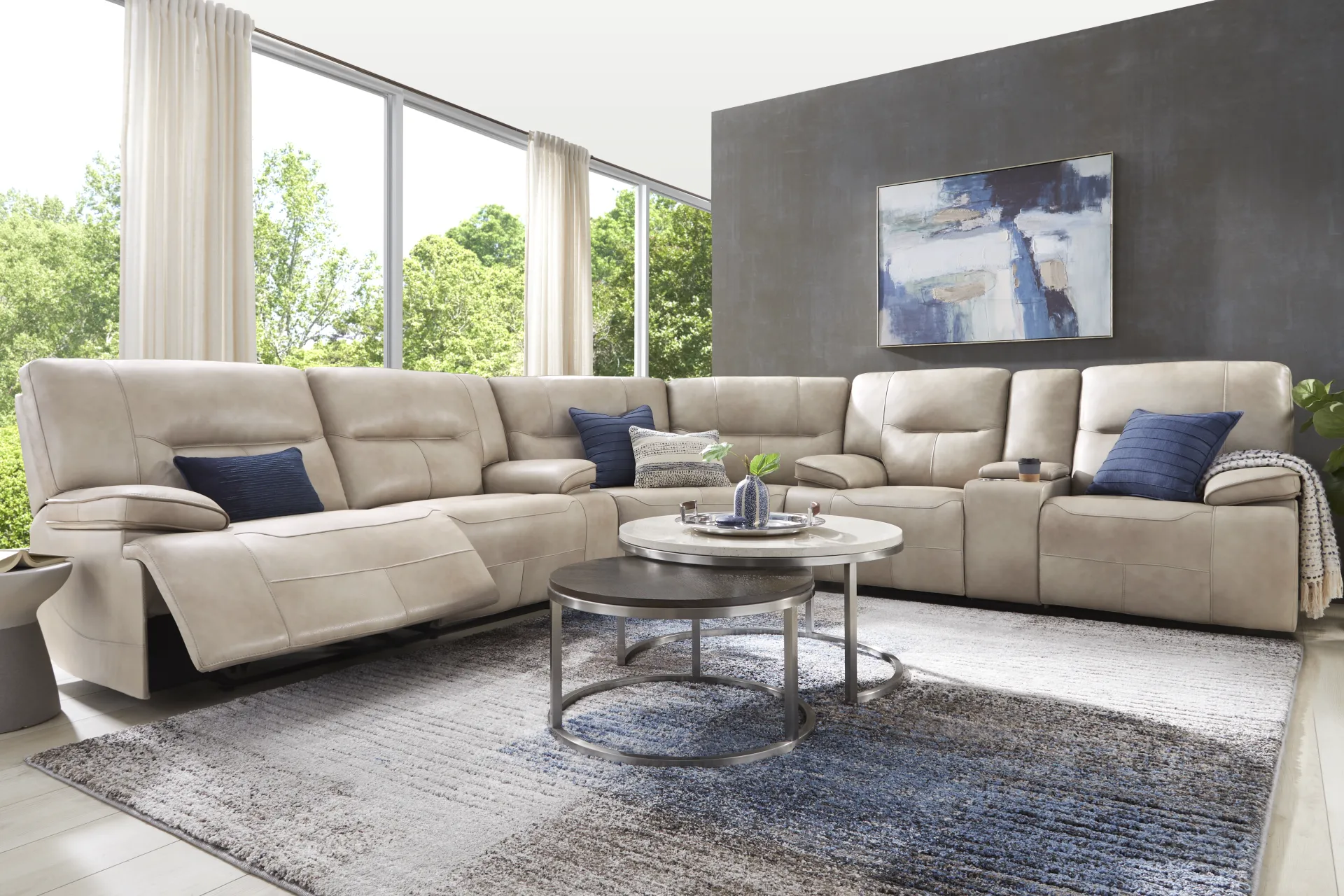 Caletta Way Beige Leather 3 Pc Reclining Sectional - Image 1