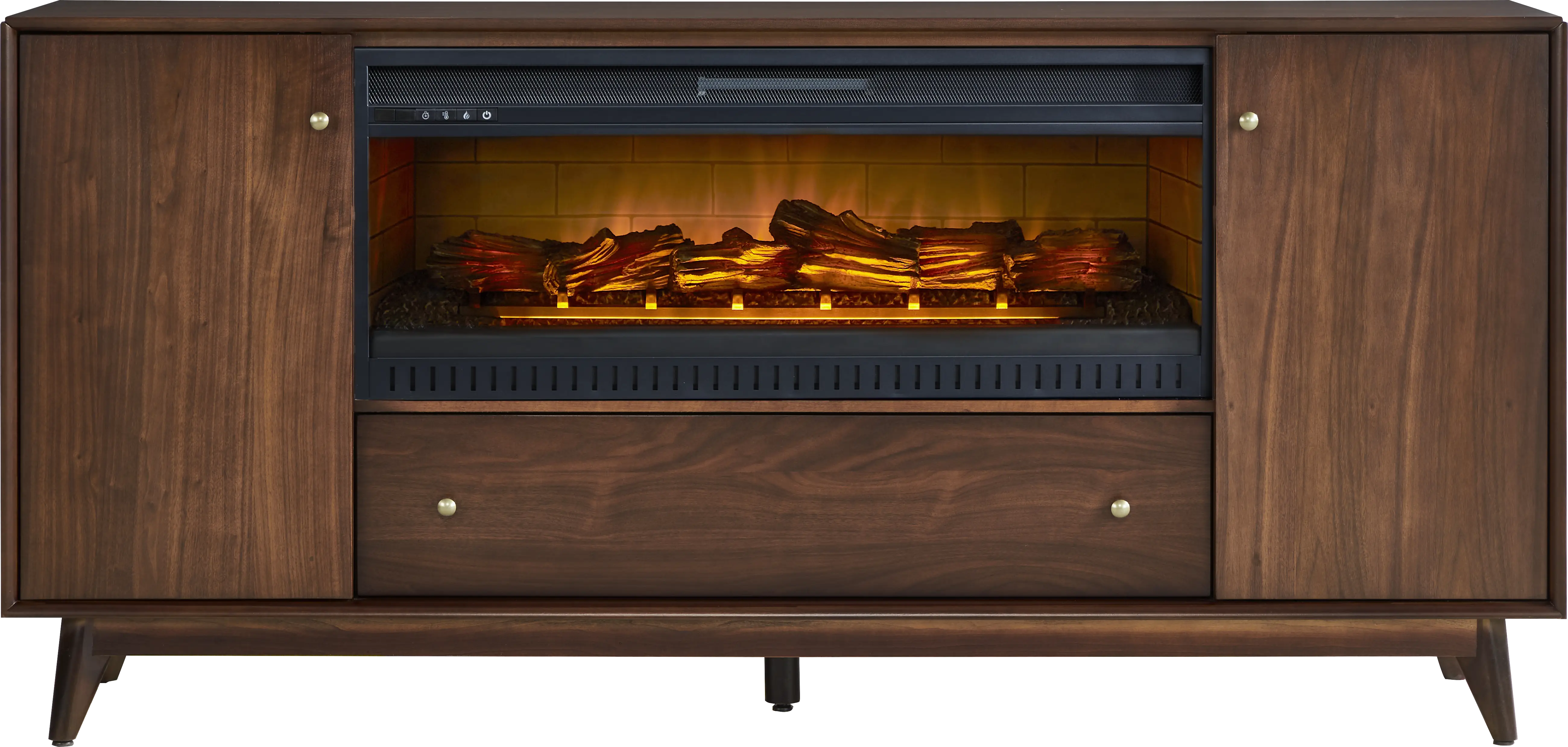 Broxbern Walnut Finish 76 in. Console with Electric Log Fireplace - Thumbnail - Image 1