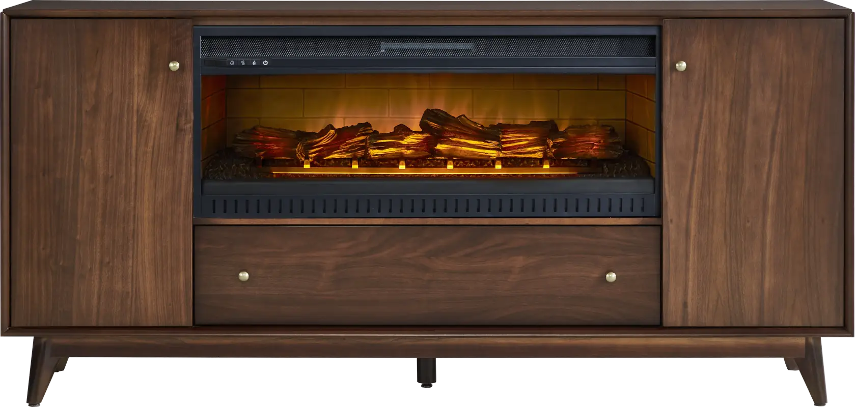 Broxbern Walnut Finish 76 in. Console with Electric Log Fireplace