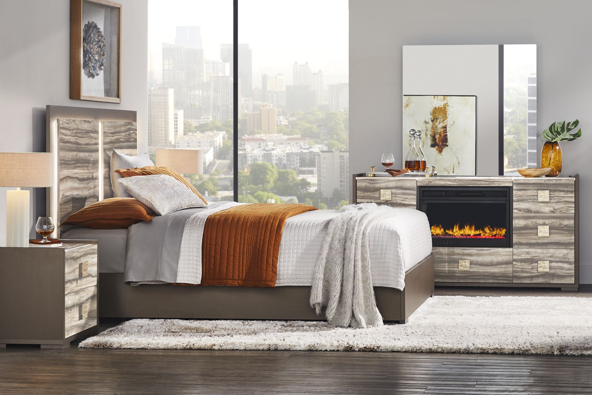 Monterosso Tan 8 Pc King Panel Bedroom with Electric Fireplace - Image 1