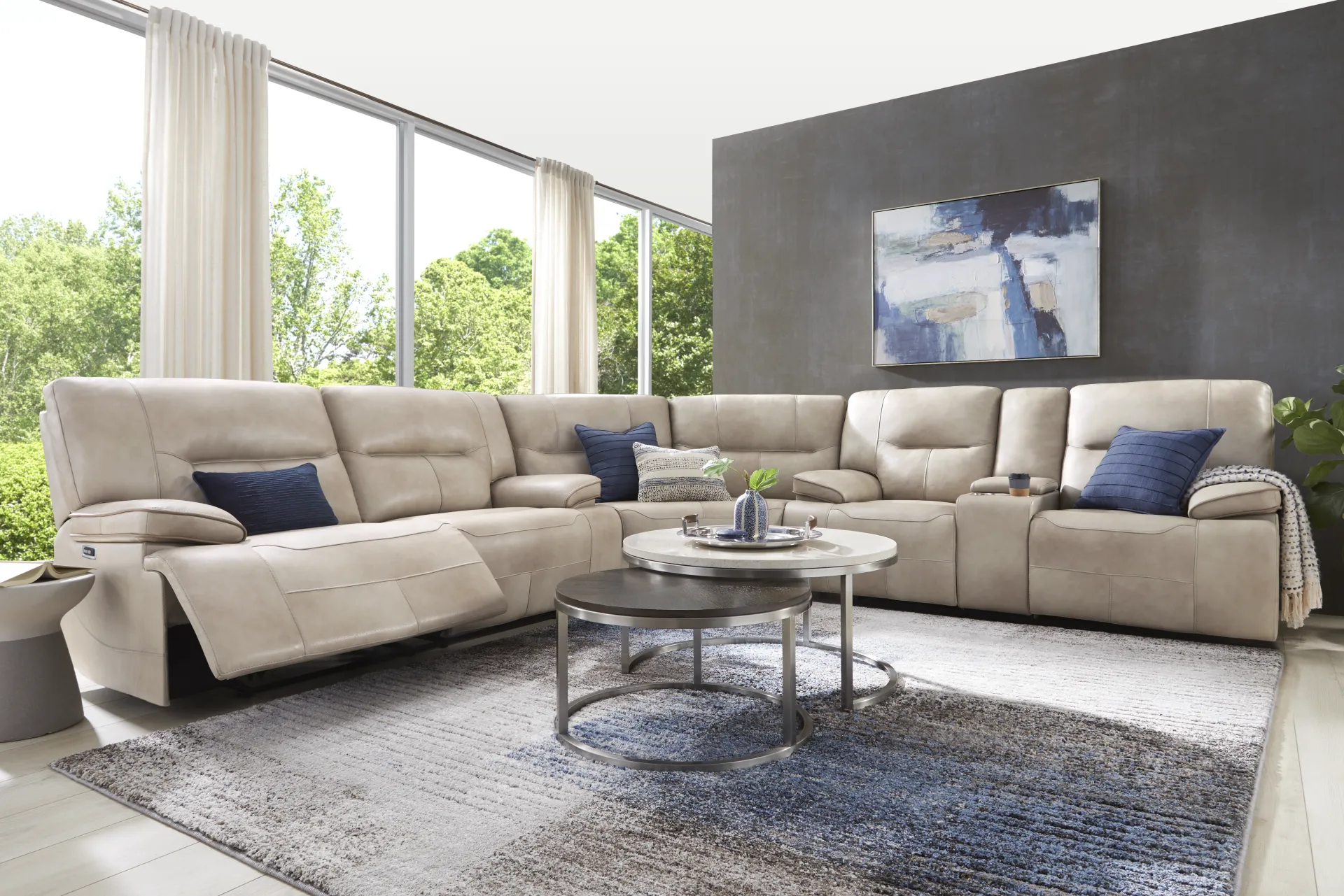 Caletta Way Beige Leather 3 Pc Dual Power Reclining Sectional - Image 1