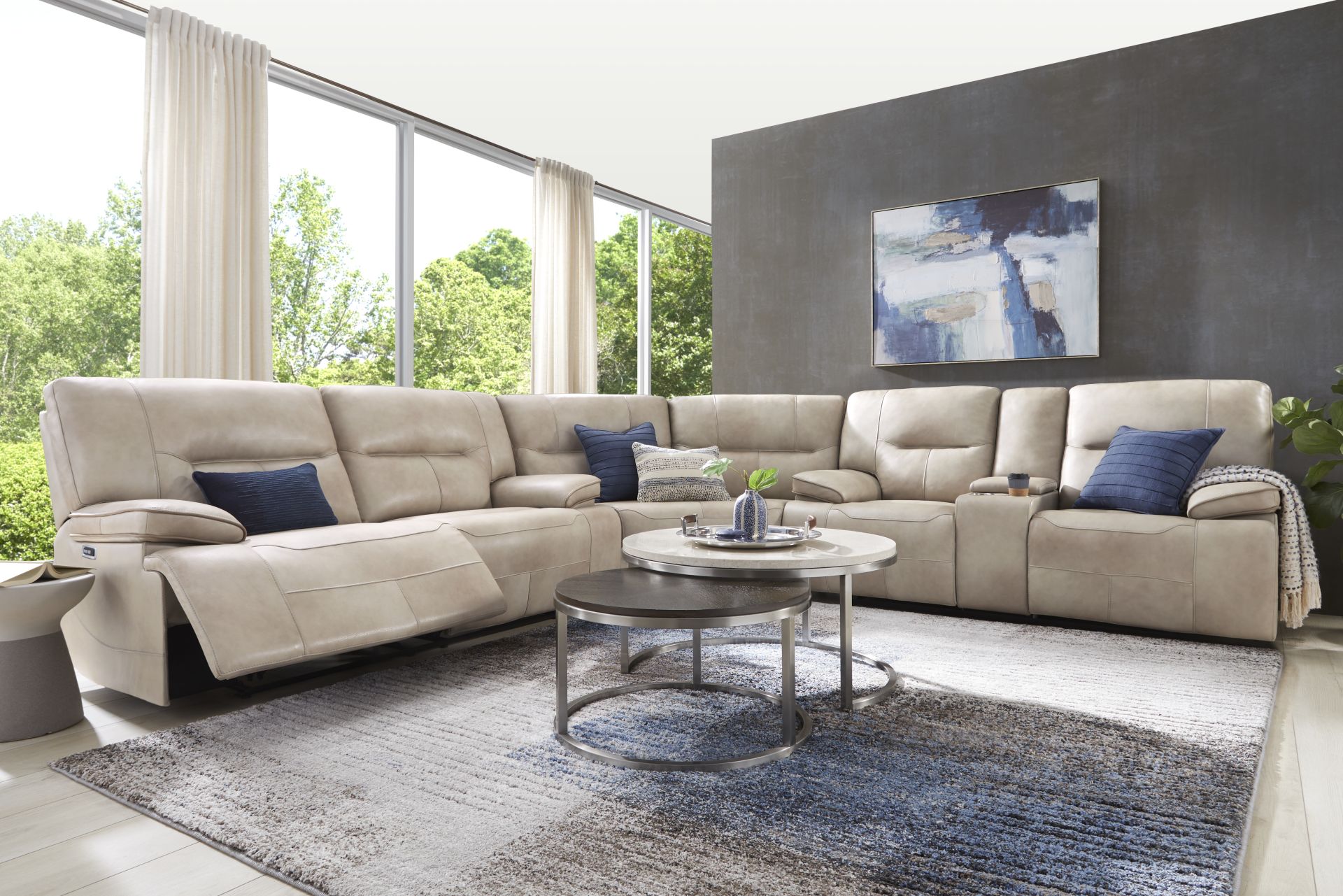 Caletta Way Beige Leather 6 Pc Dual Power Reclining Sectional Living Room - Image 1