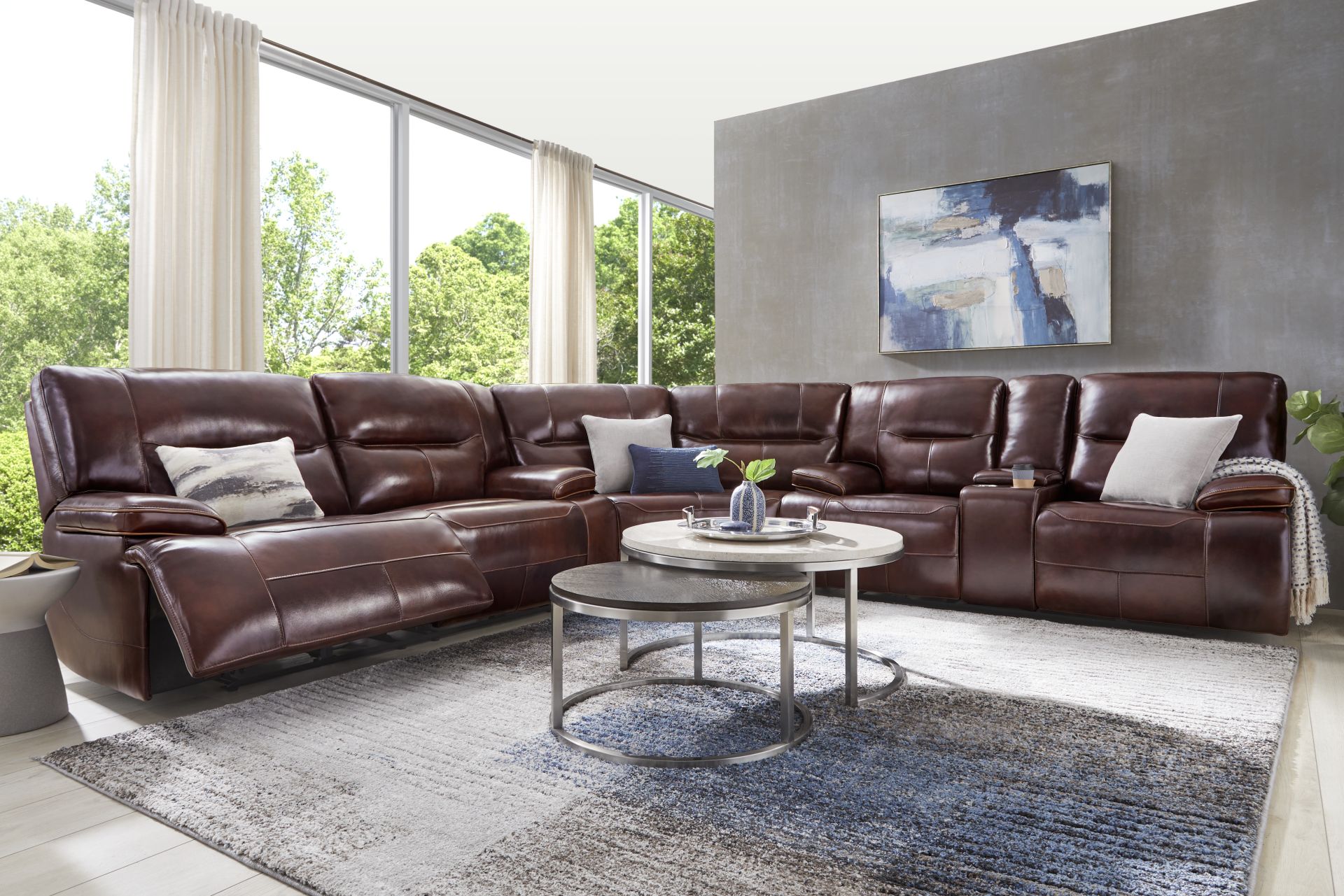 Caletta Way Merlot Leather 7 Pc Reclining Sectional Living Room - Image 1
