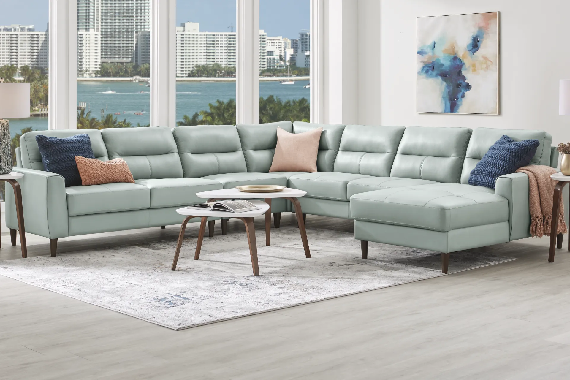 Sutton Heights Aqua Leather 5 Pc Sectional - Image 1