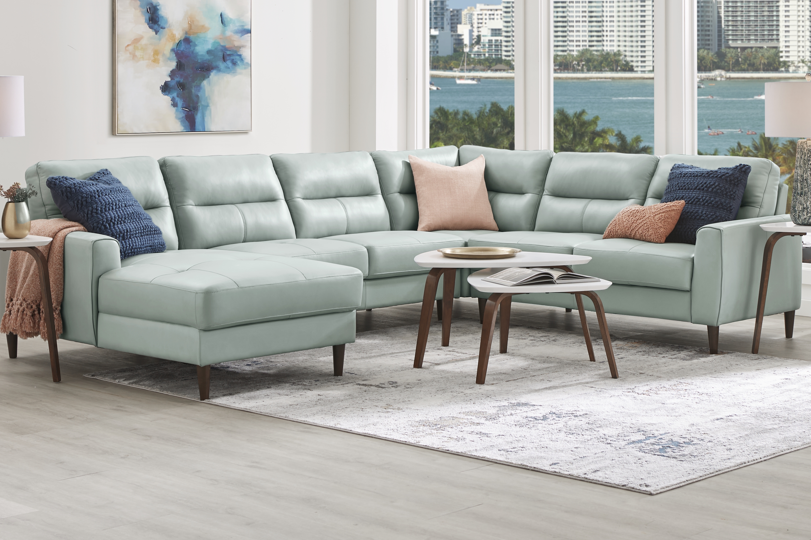 Sutton Heights Aqua Leather 4 Pc Sectional - Thumbnail - Image 2