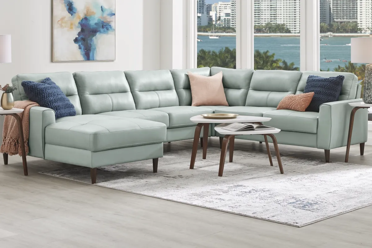 Sutton Heights Aqua Blue Leather 4 Pc With Chaise Left Arm Sectional ...