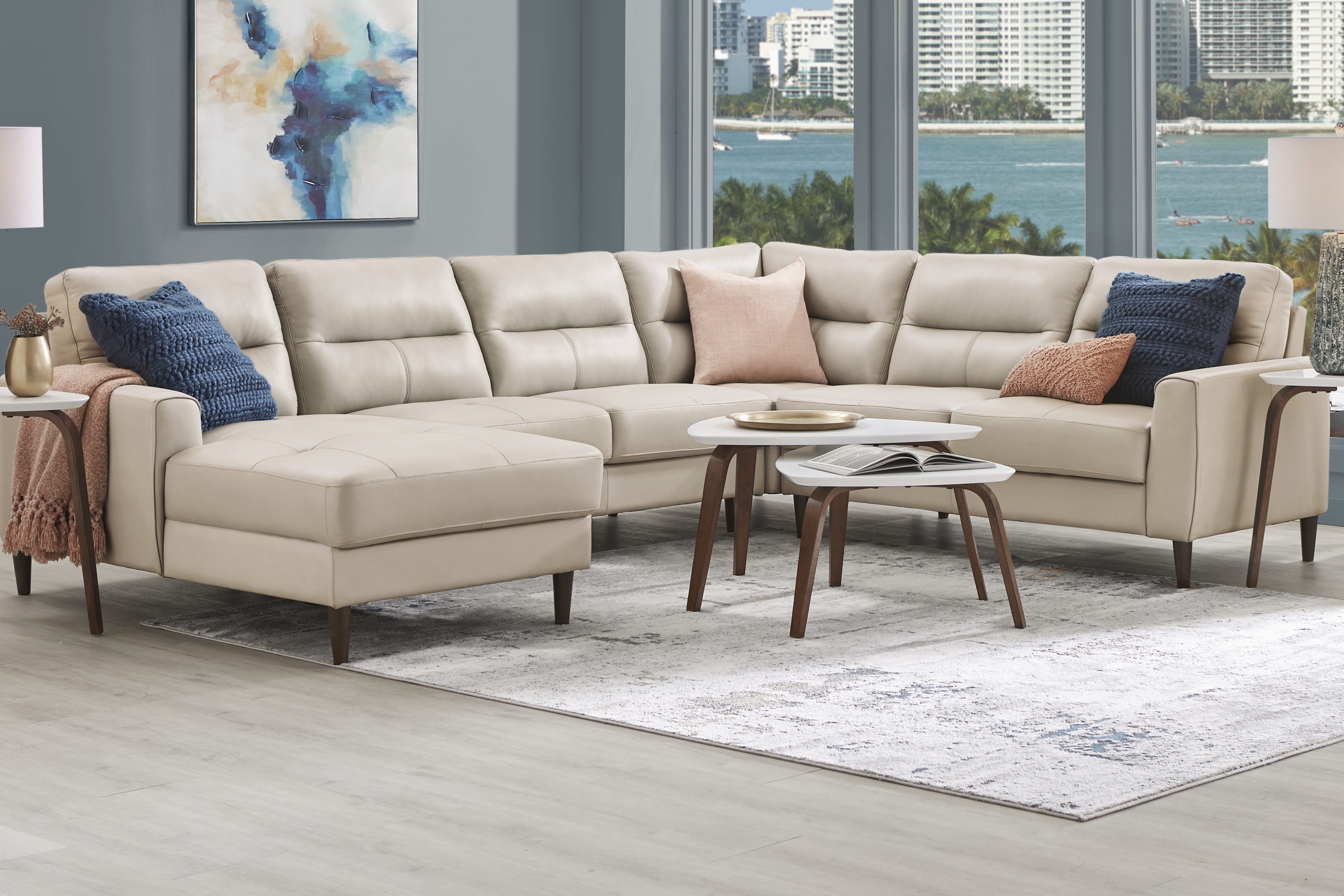 Sutton Heights Beige Leather 7 Pc Sectional Living Room - Thumbnail - Image 1
