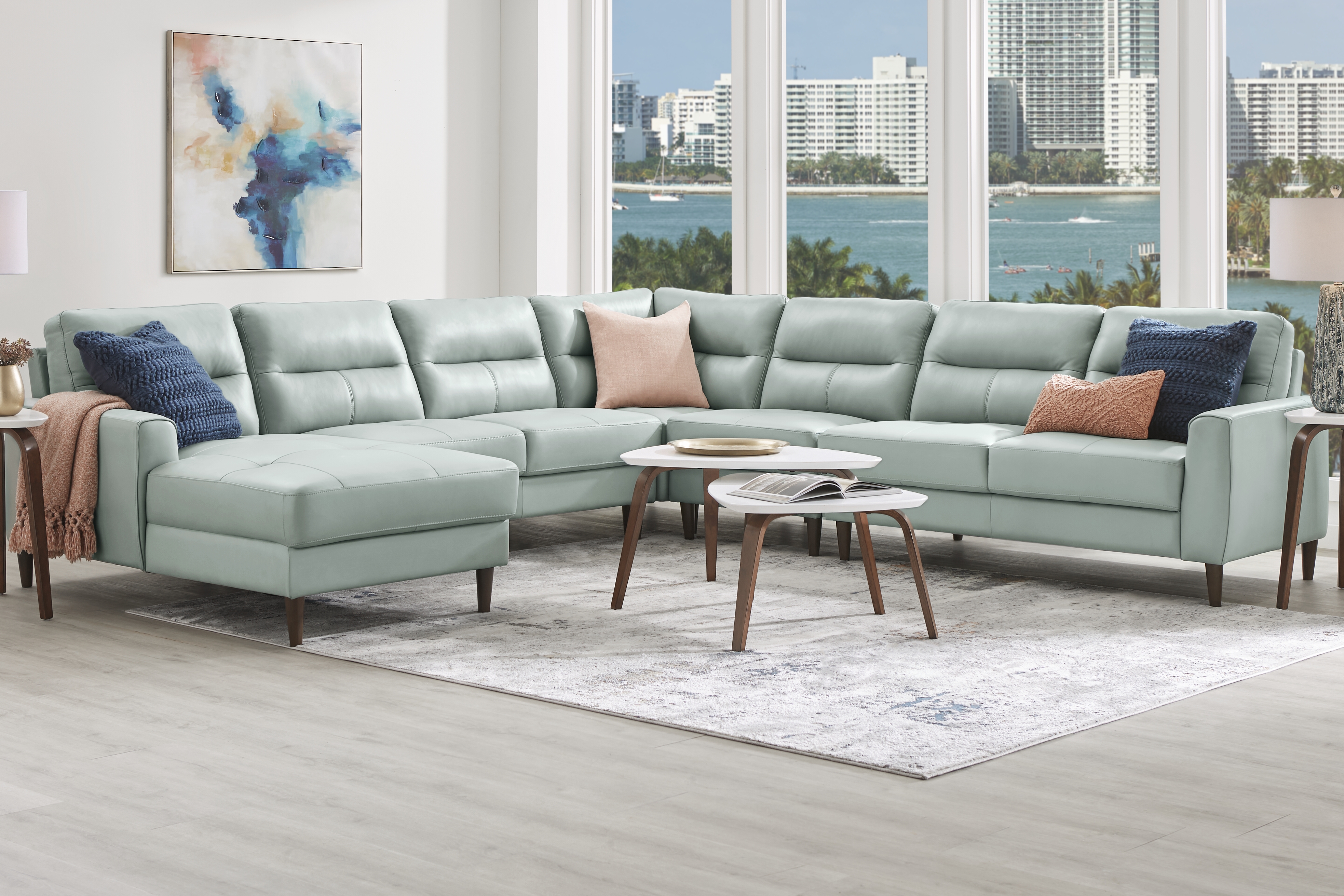 Sutton Heights Aqua Leather 8 Pc Sectional Living Room - Thumbnail - Image 1
