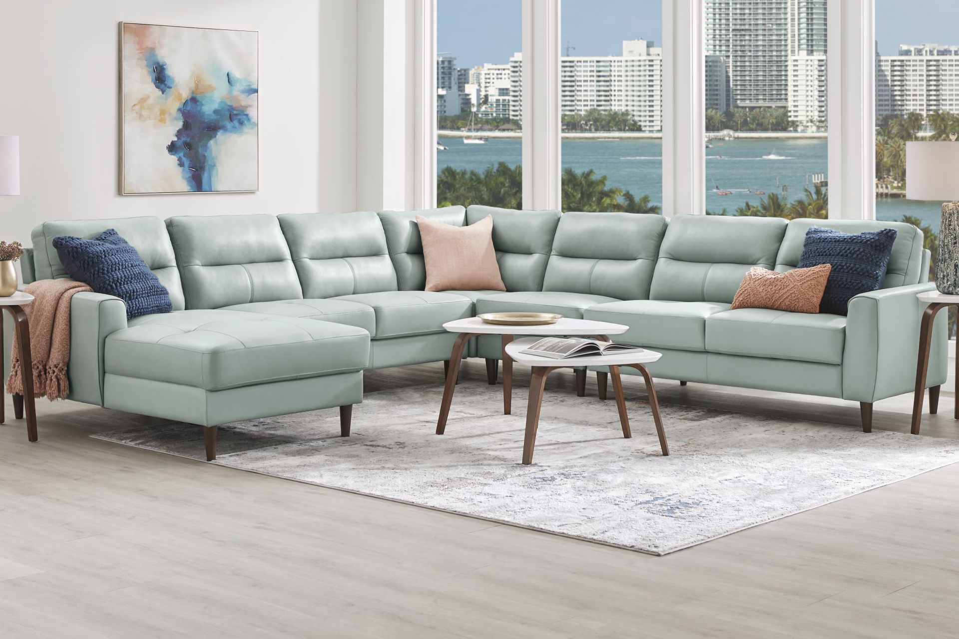 Sutton Heights Aqua Leather 8 Pc Sectional Living Room - Image 1