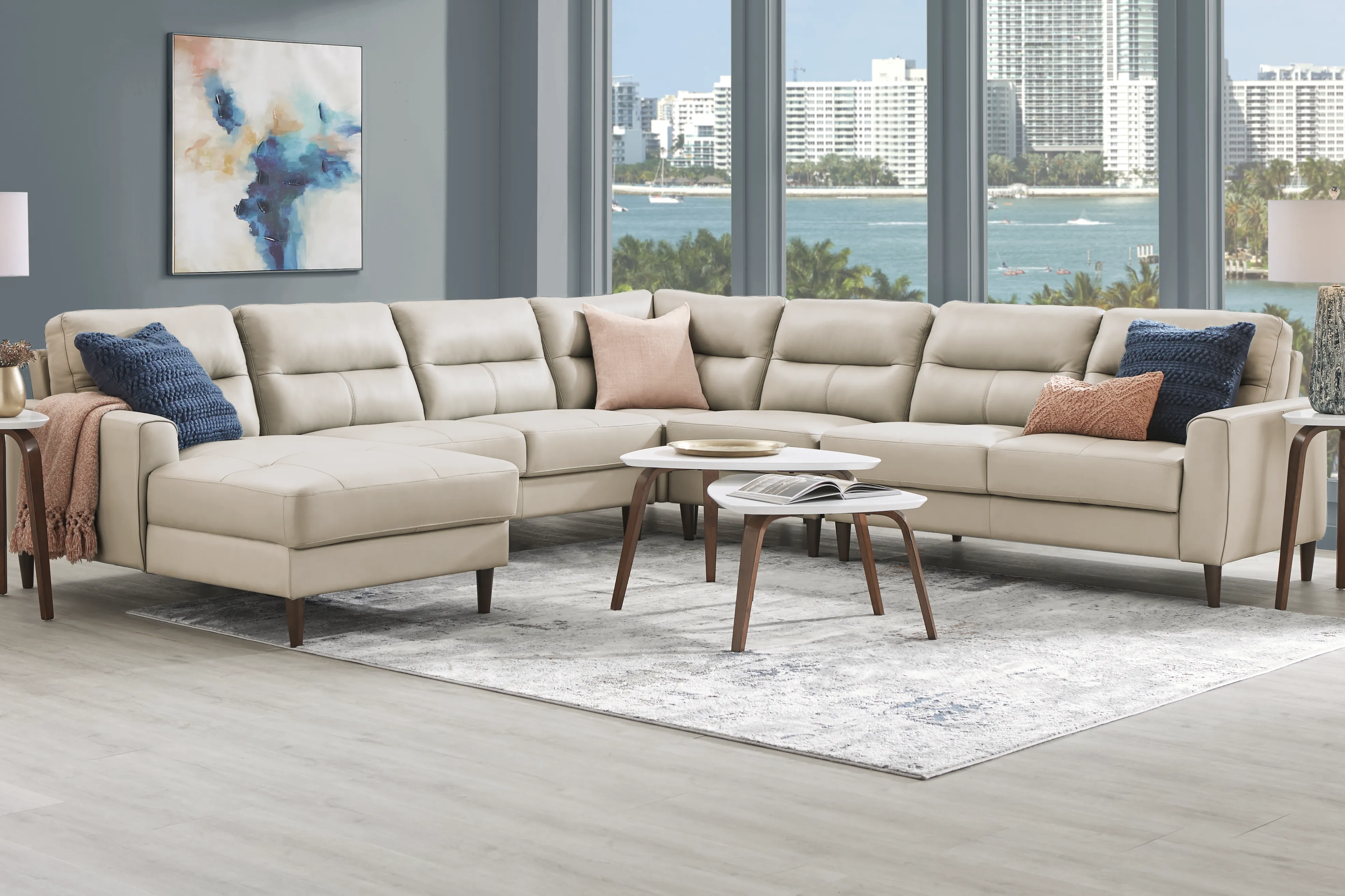 Sutton Heights Aqua Blue Leather 5 Pc With Chaise Left Arm