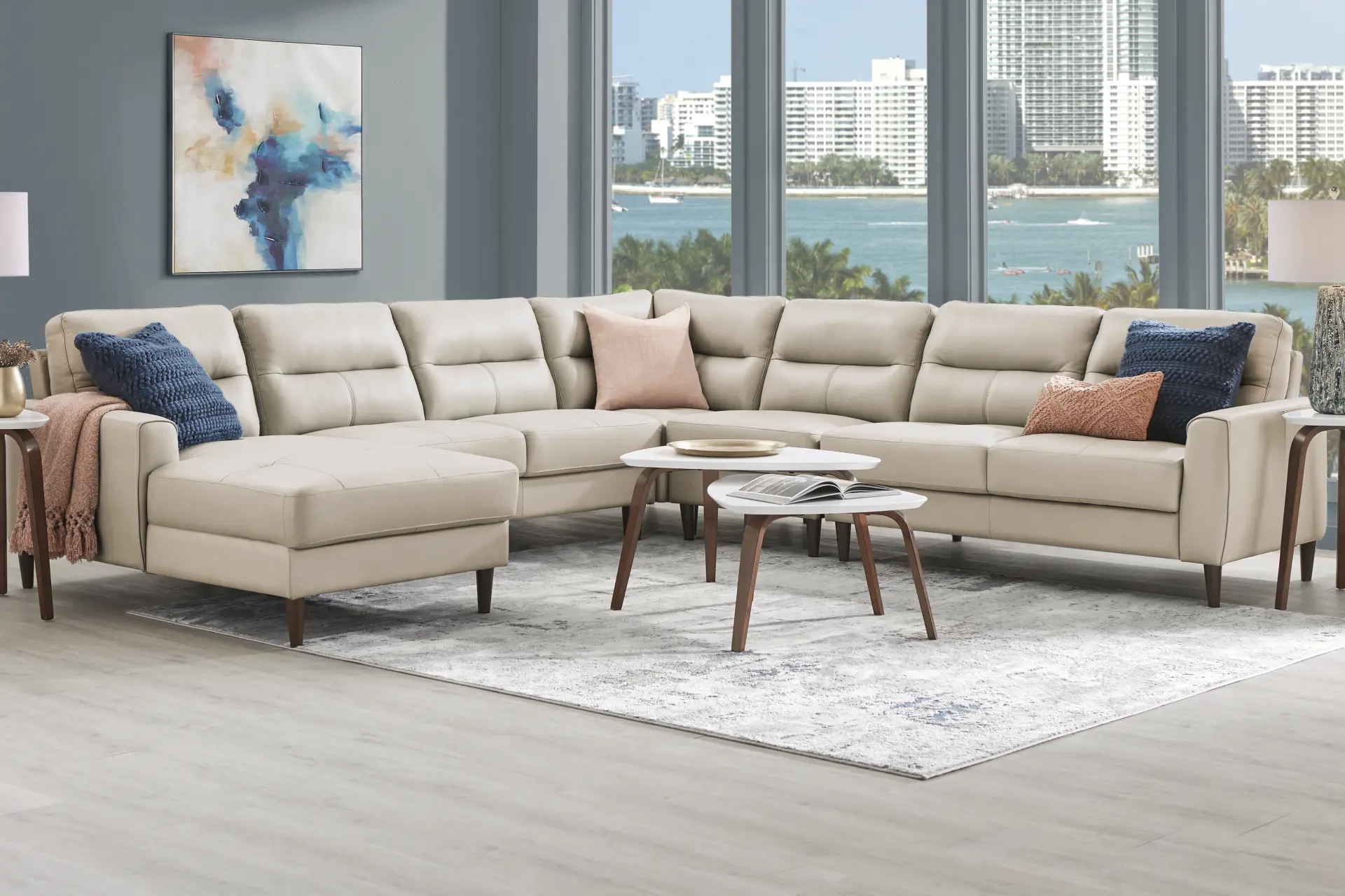 Sutton Heights Beige Leather 5 Pc Sectional