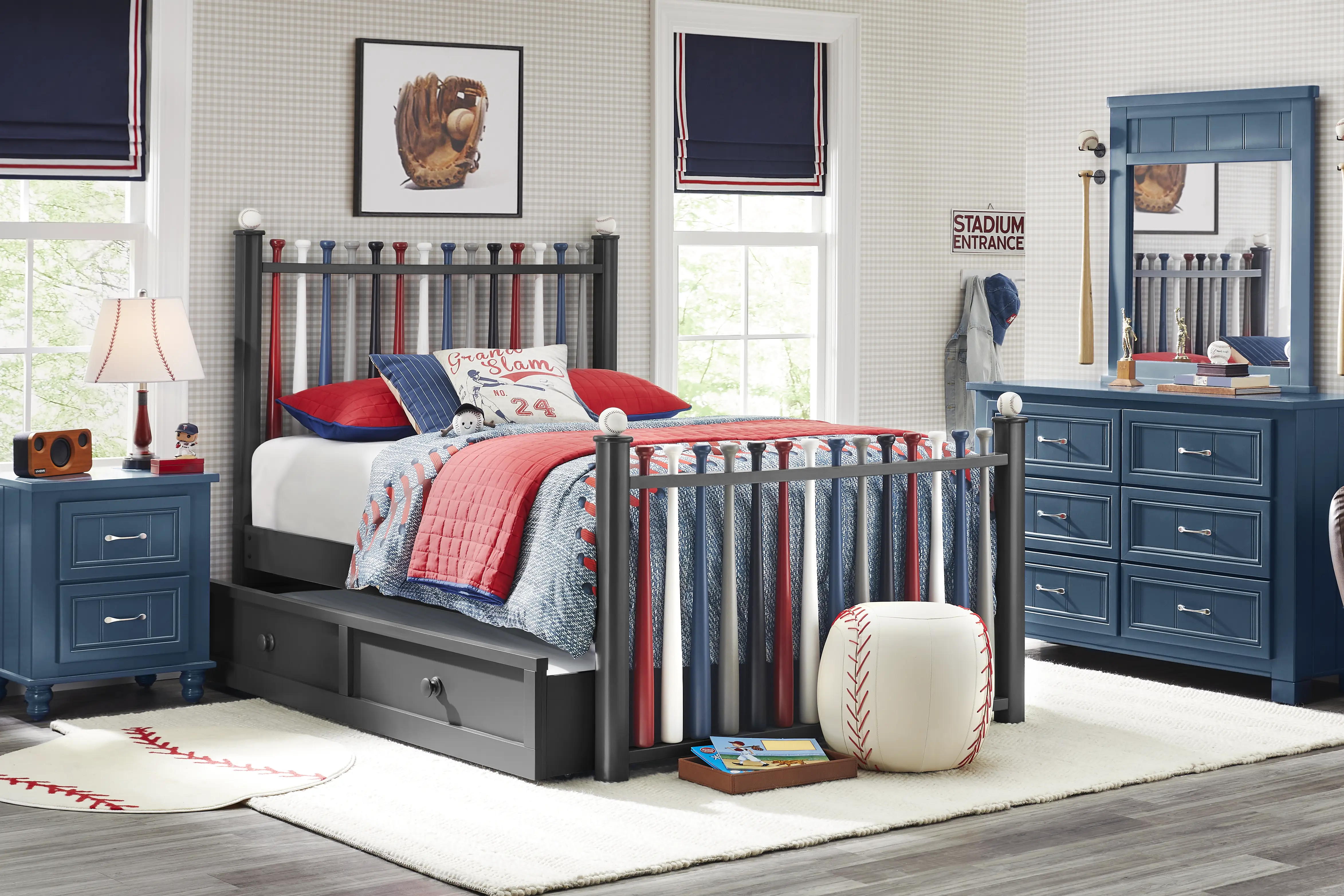 Kids Cottage Colors Navy Bedroom with Batter Up Painted Full Baseball Bat Bed - Thumbnail - Image 1