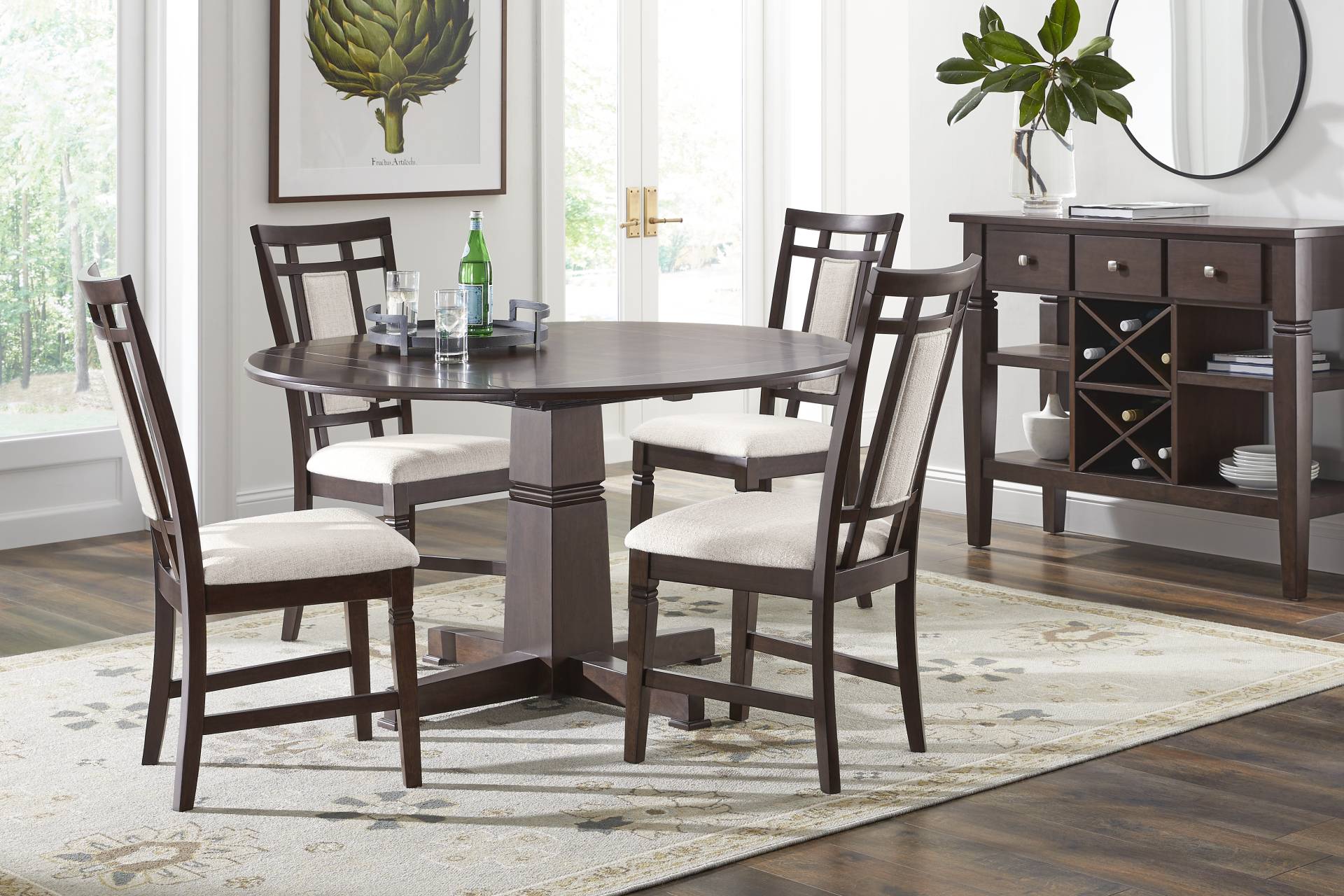 Winslow Brown Cherry Finish 5 Pc Round Dining Room with Upholstered Chairs full room