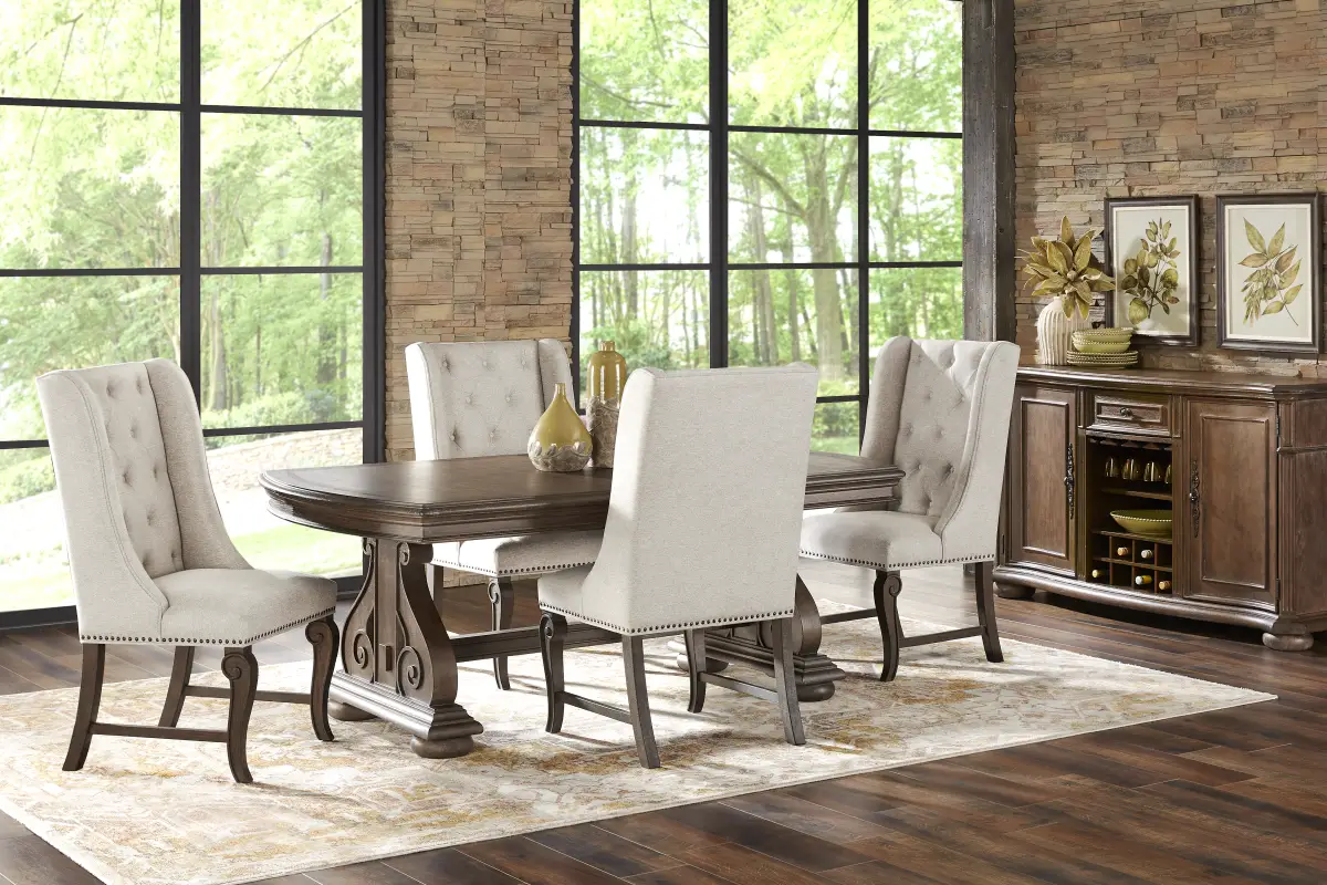 Armitage 5 Pc Brown Dark Wood Cream Beige Dining Room Set With Dining Table, Arm Chair
