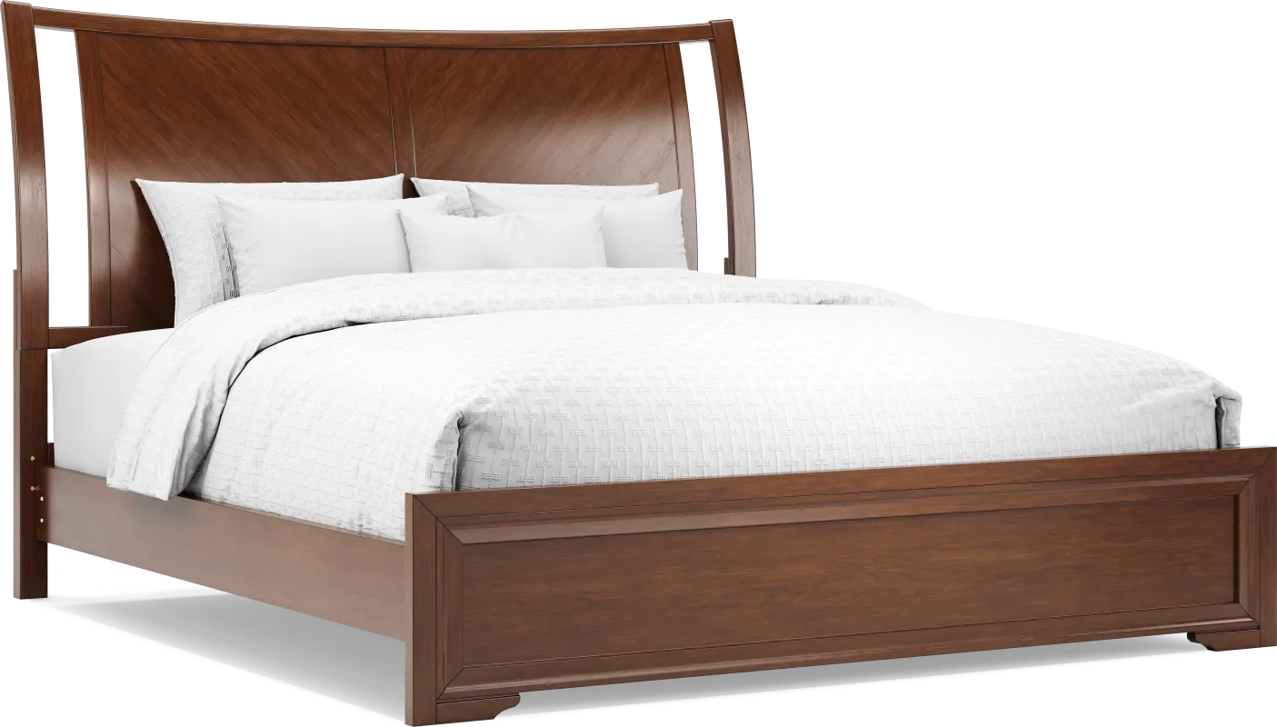 Belcourt Brown Cherry Finish 3 Pc King Curved Sleigh Panel Bed