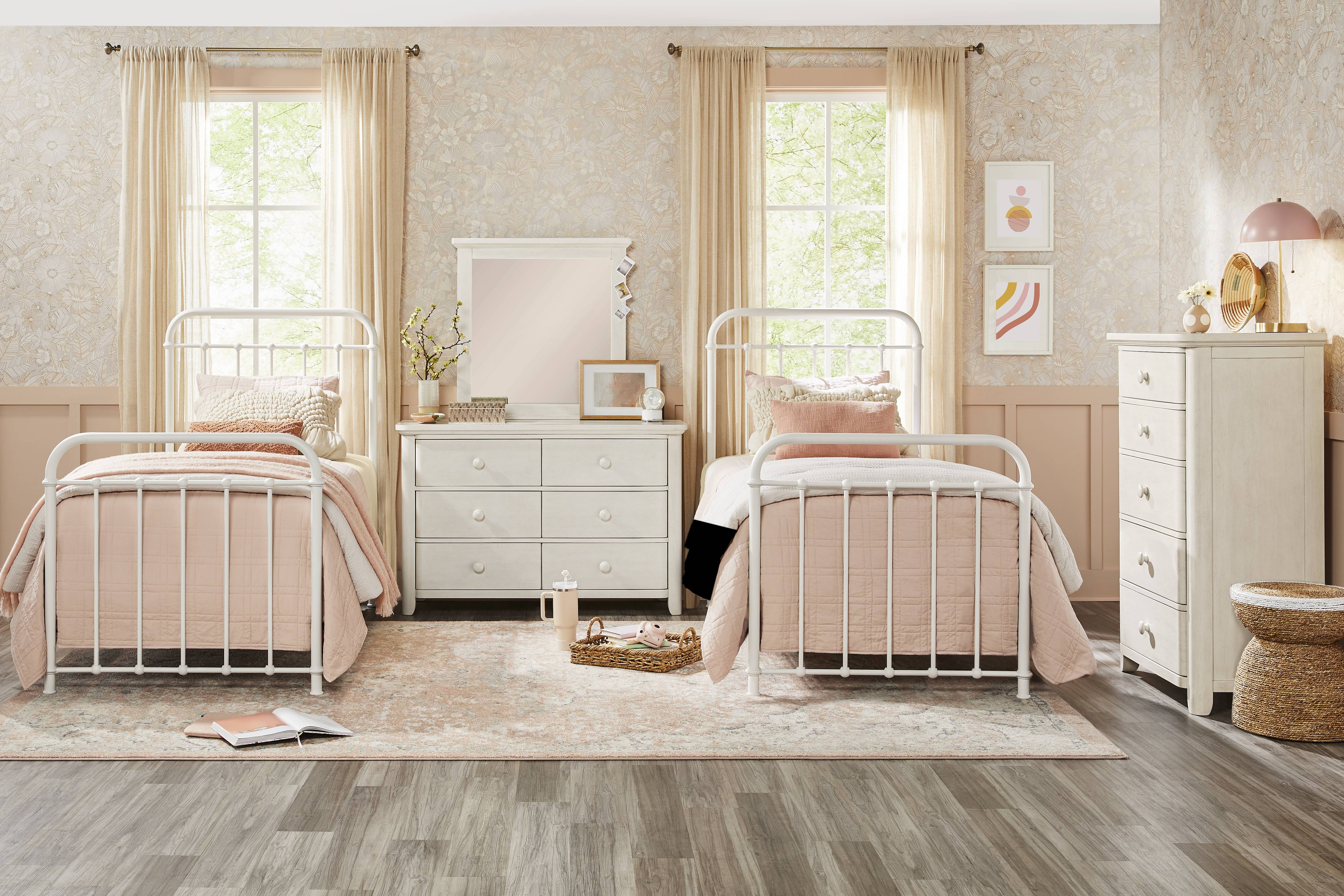 Kids South Bend Washed White Bedroom with 2 Saddlerock White Twin Metal Beds - Thumbnail - Image 1