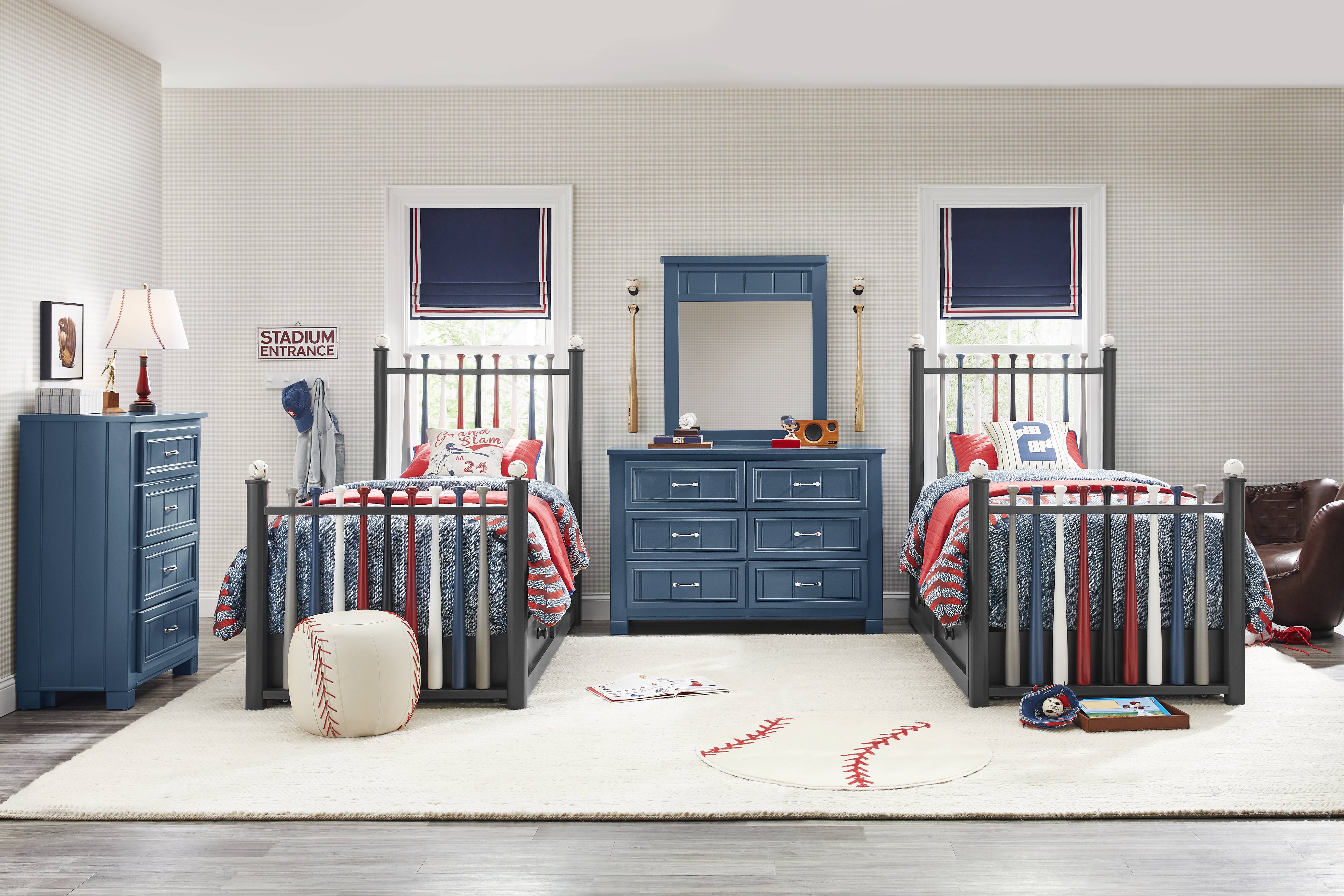 Kids Cottage Colors Navy Bedroom with 2 Batter Up Painted Twin Baseball Bat Beds - Thumbnail - Image 1